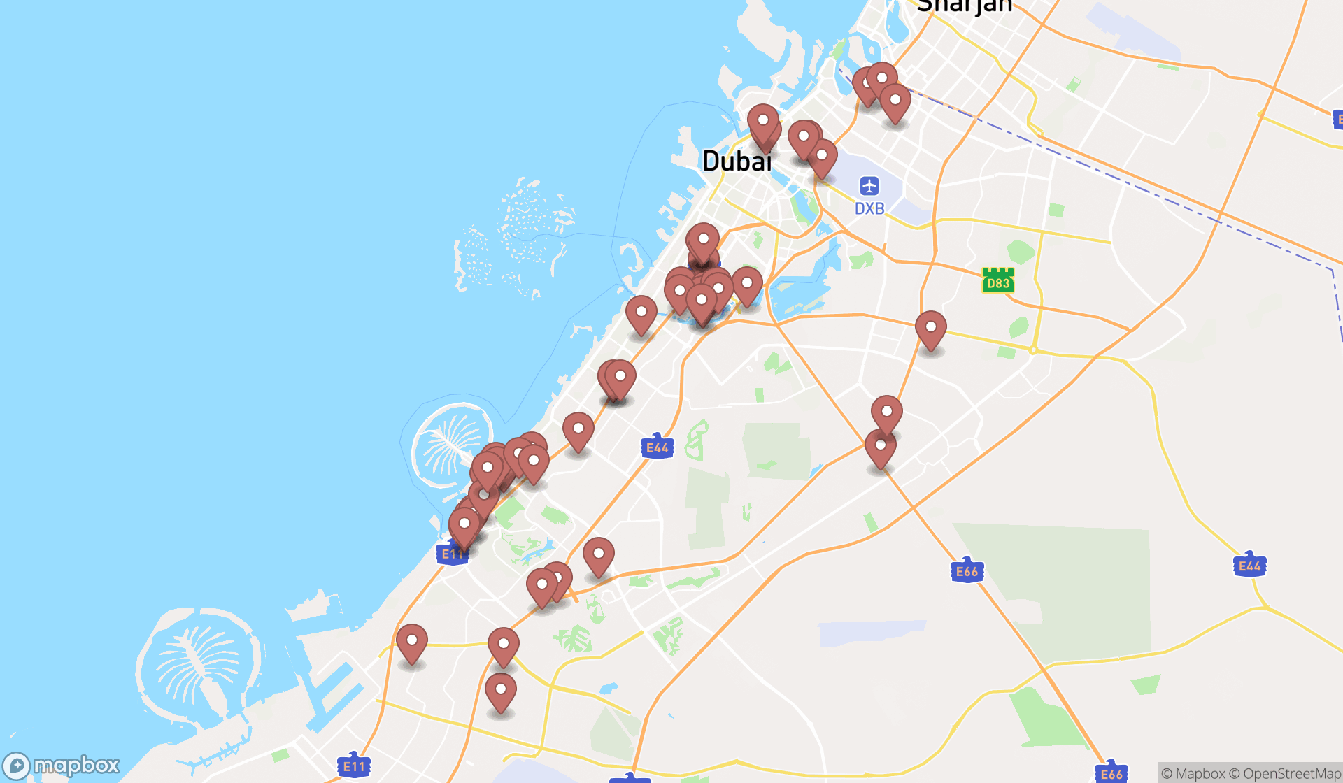 Map showing the search results in Dubai