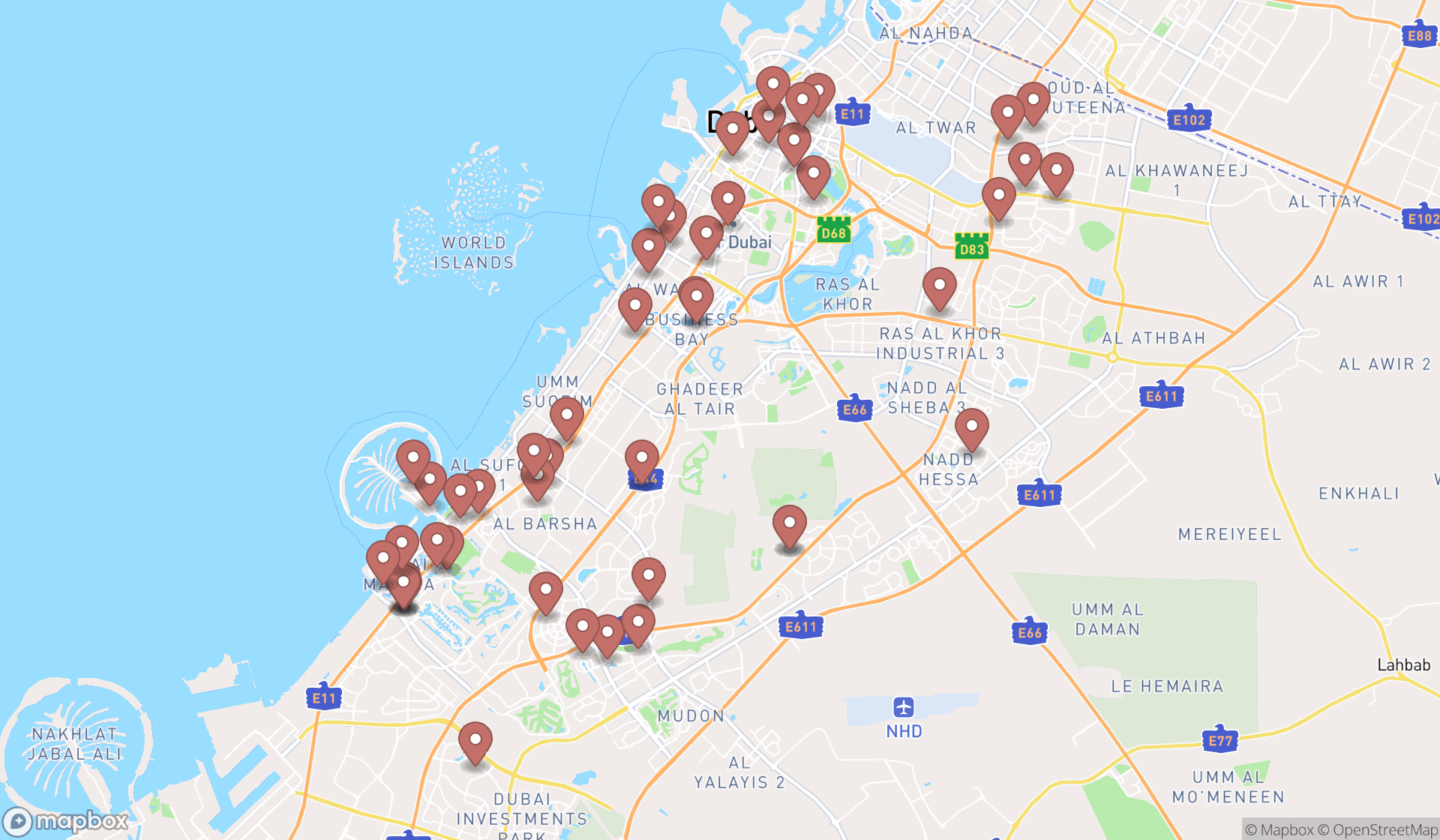 Map showing the search results in Dubai