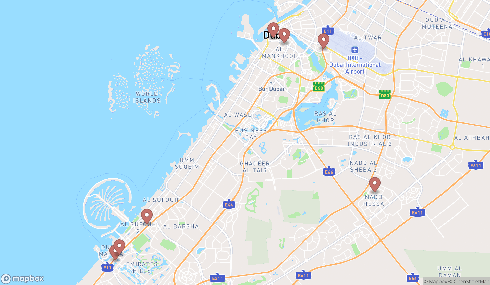Map showing the search results in Dubai