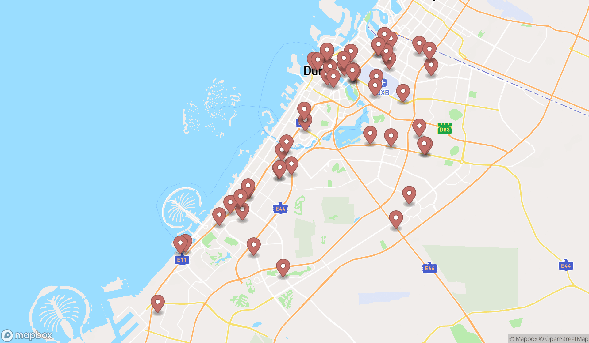 Map showing the search results in Dubai