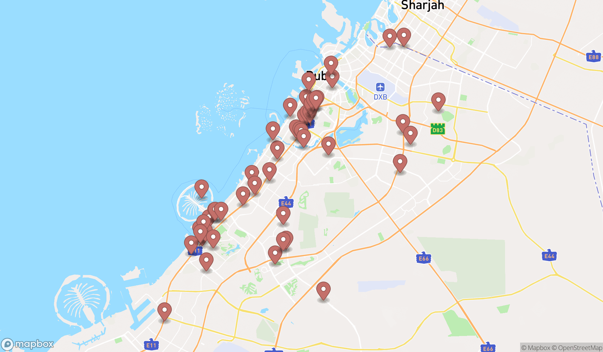 Map showing the search results in Dubai