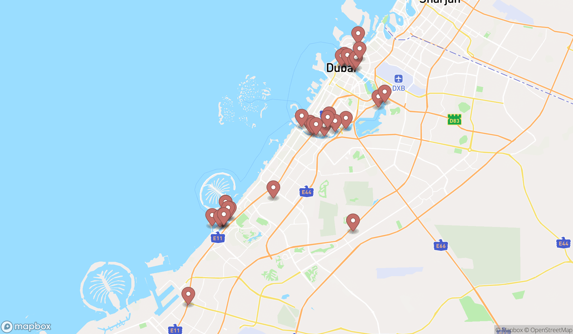 Map showing the search results in Dubai