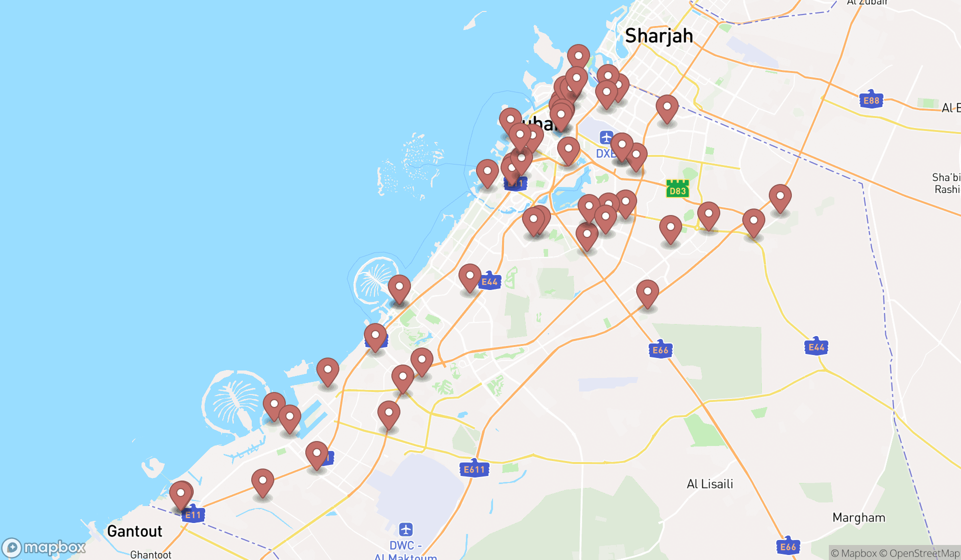 Map showing the search results in Dubai