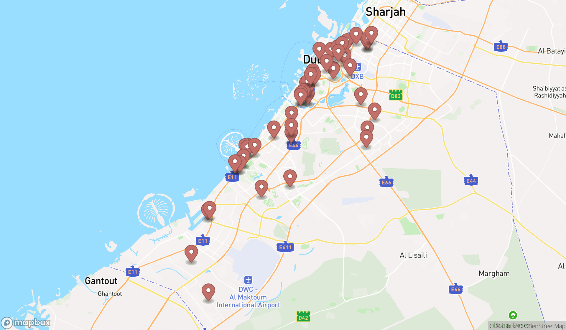 Map showing the search results in Dubai