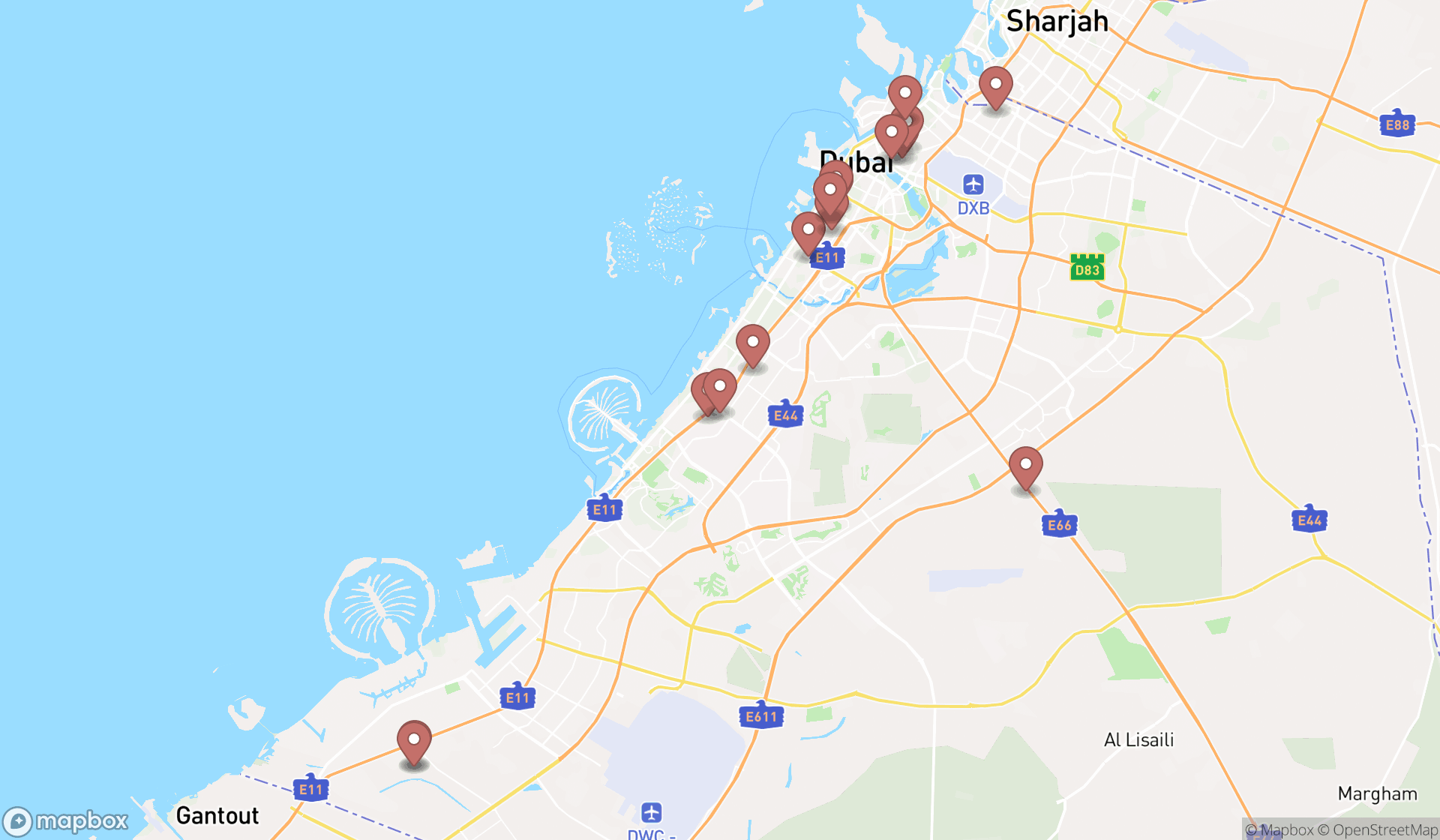 Map showing the search results in Dubai