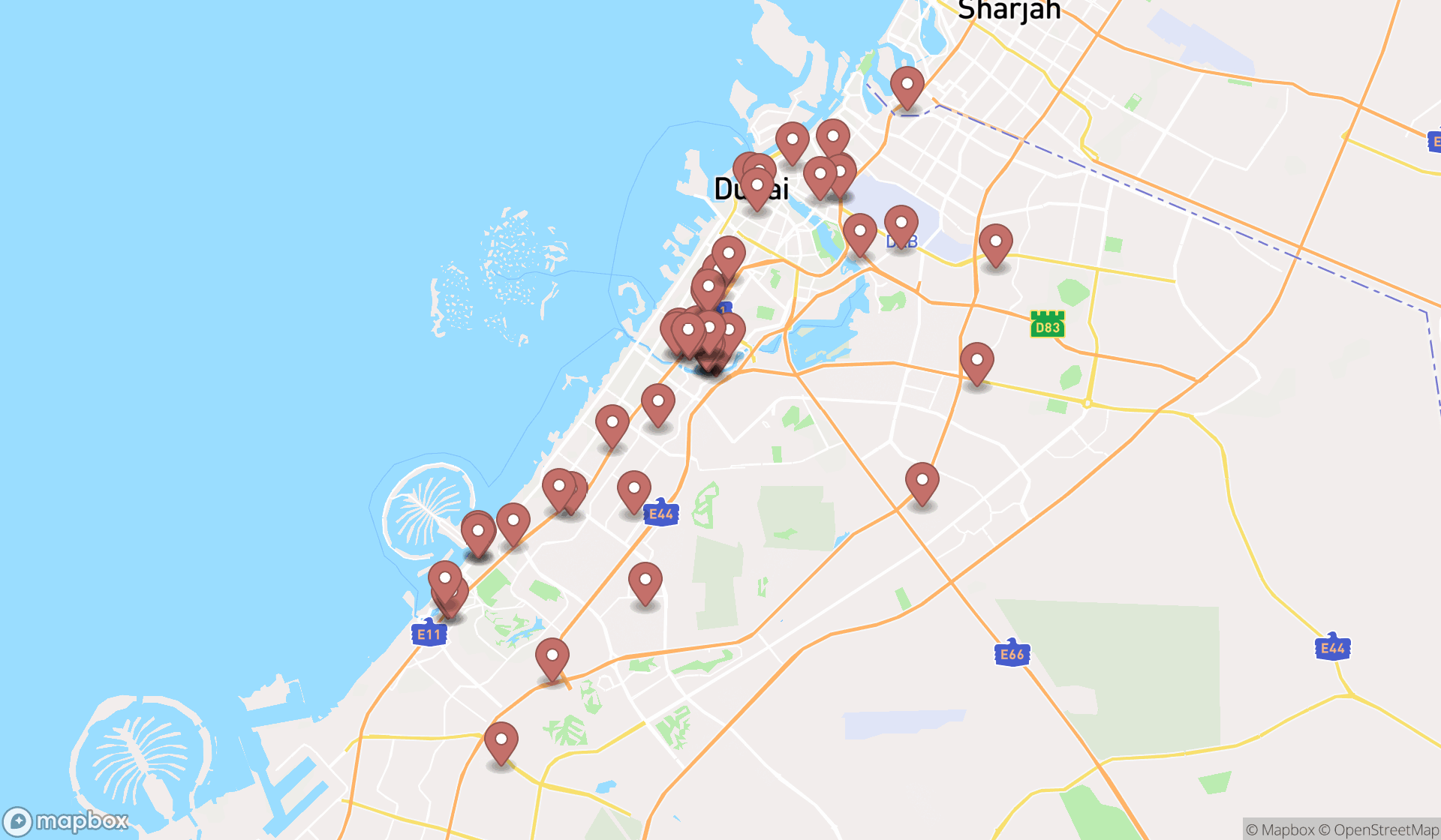 Map showing the search results in Dubai