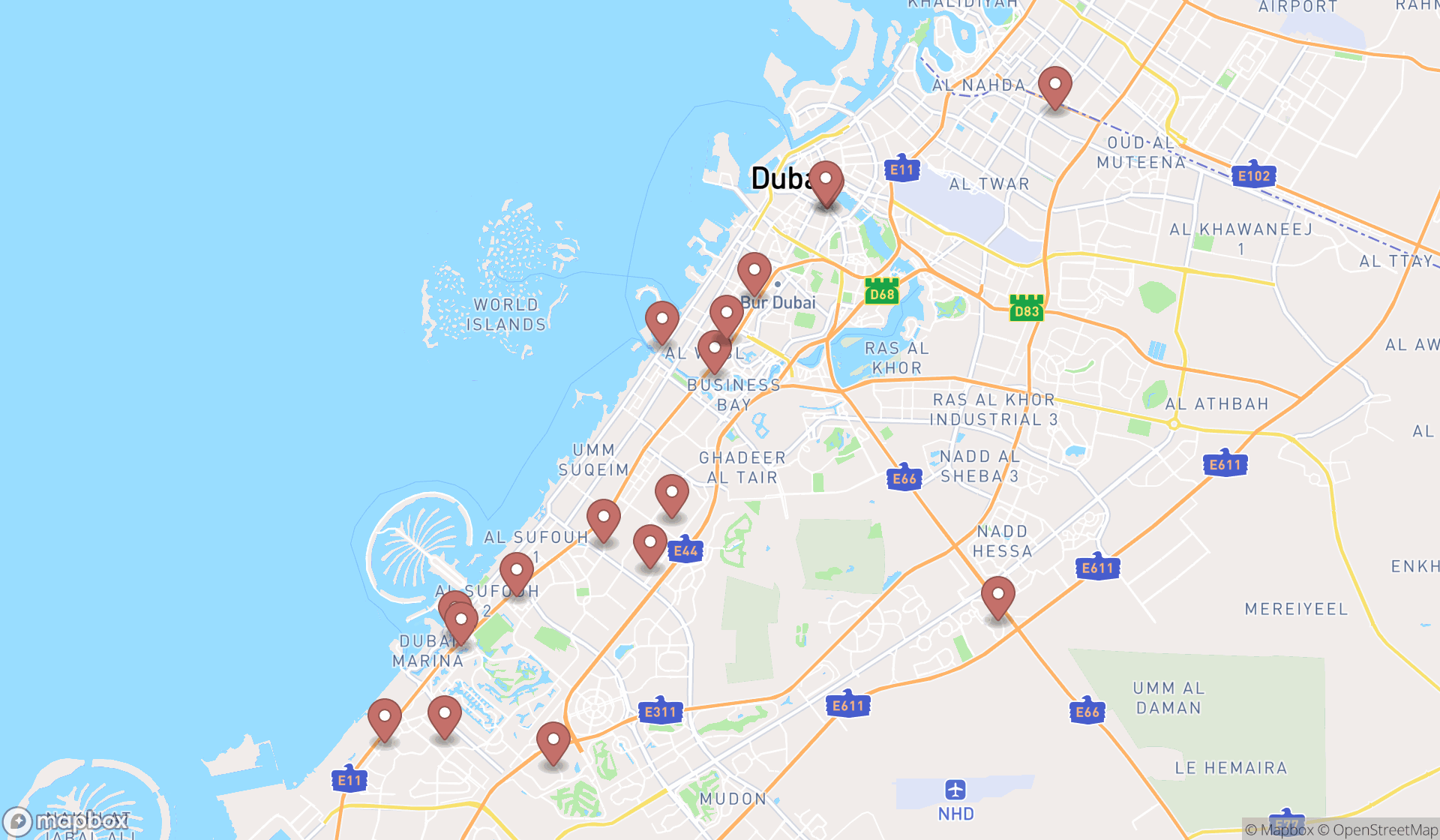 Map showing the search results in Dubai