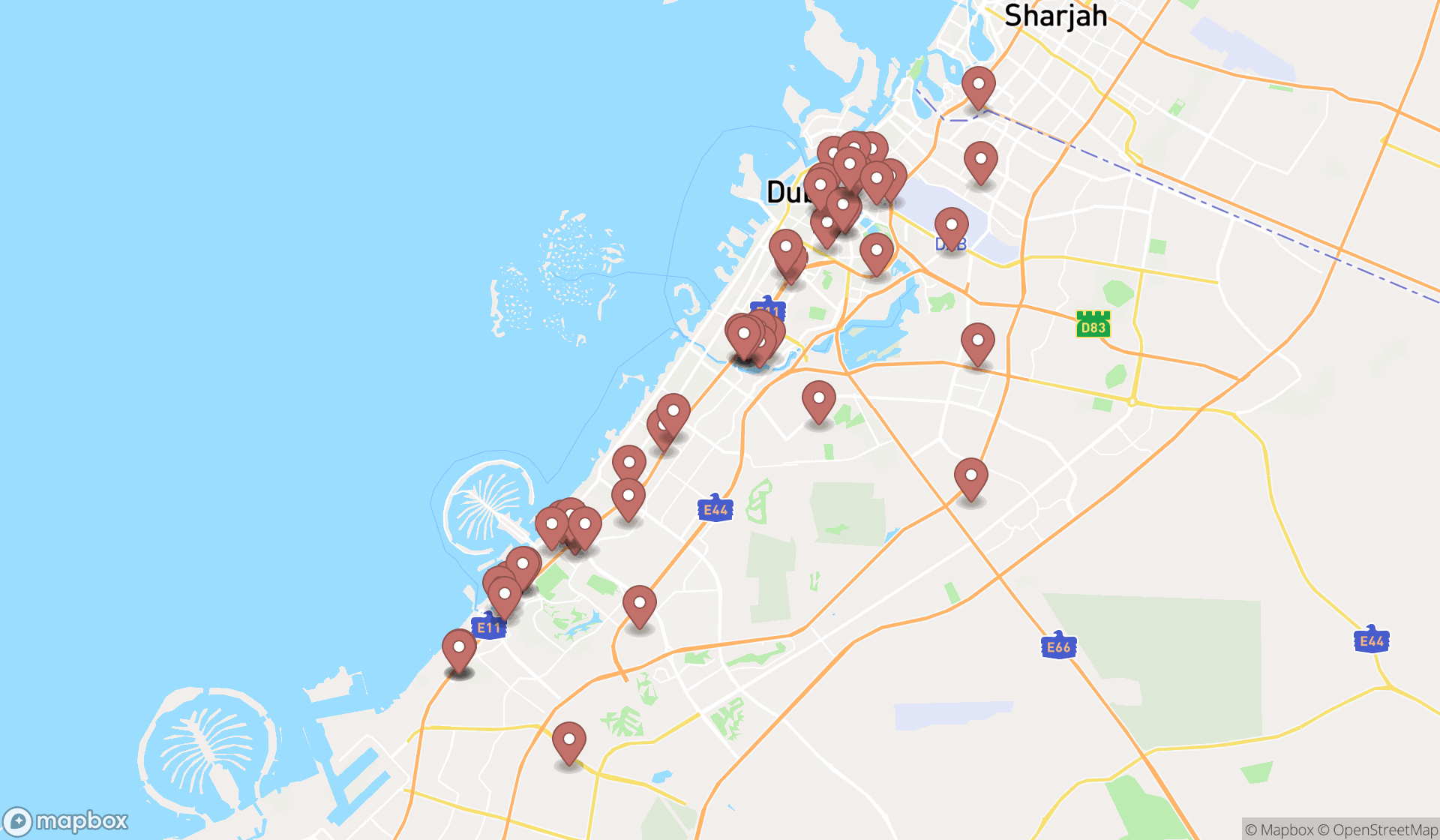 Map showing the search results in Dubai