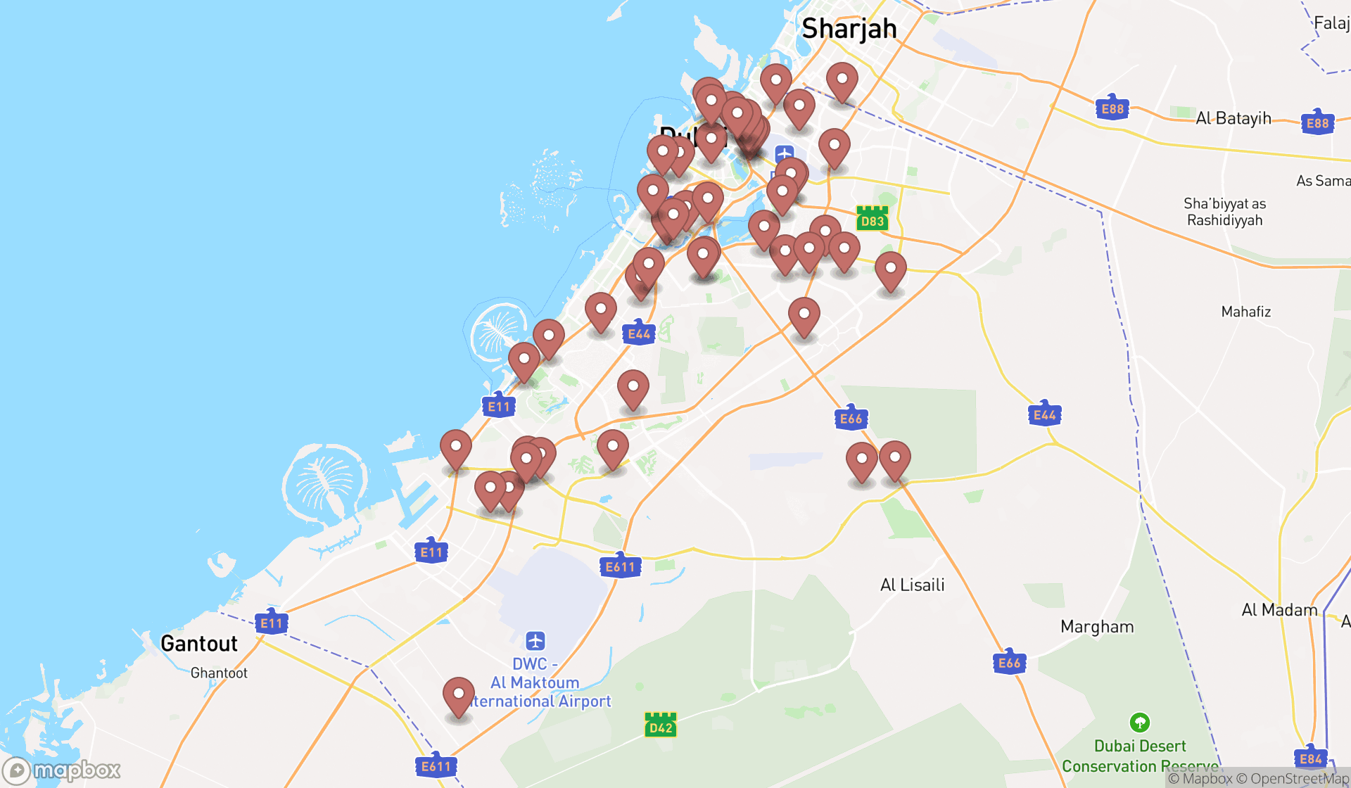 Map showing the search results in Dubai
