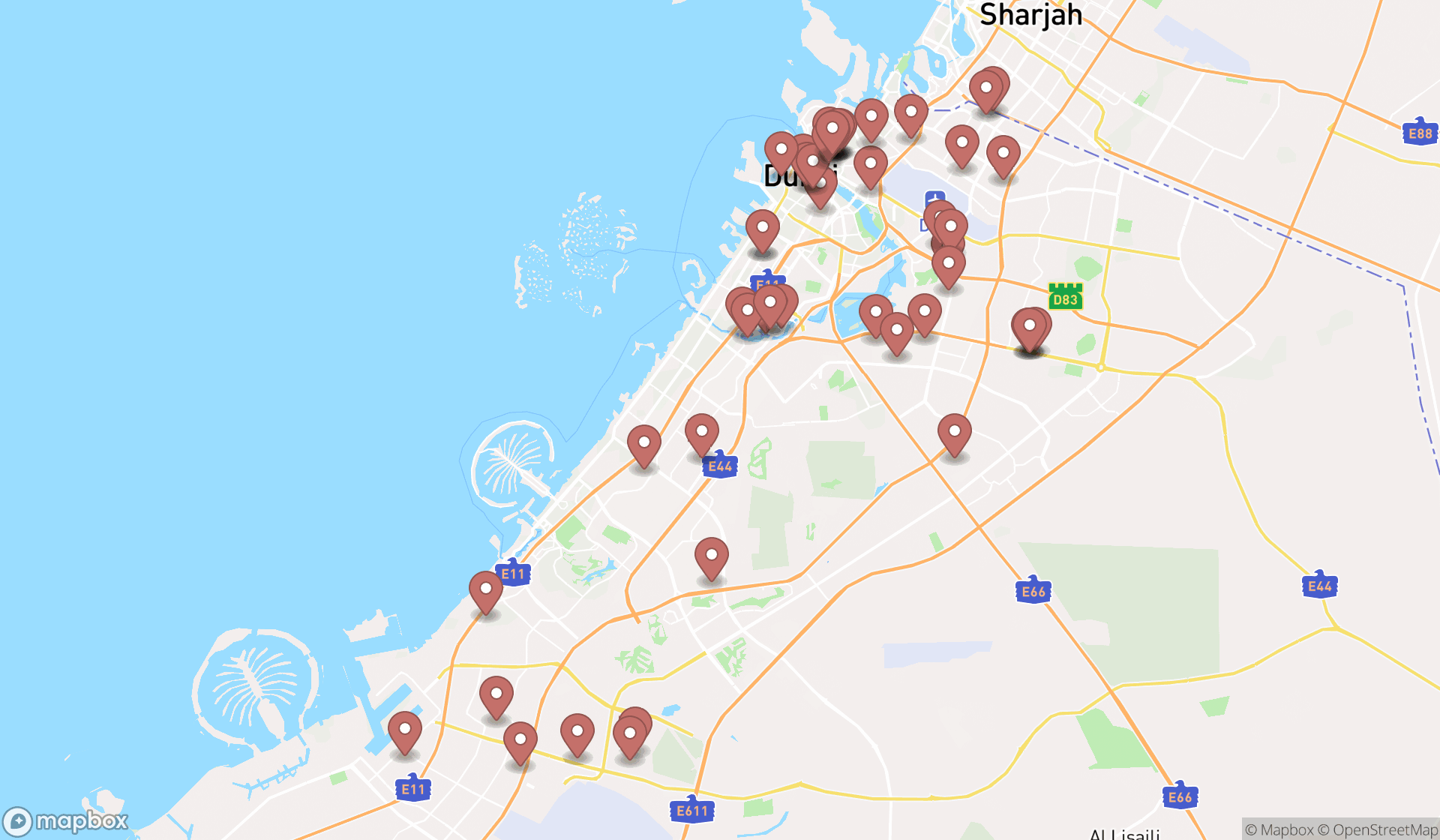 Map showing the search results in Dubai