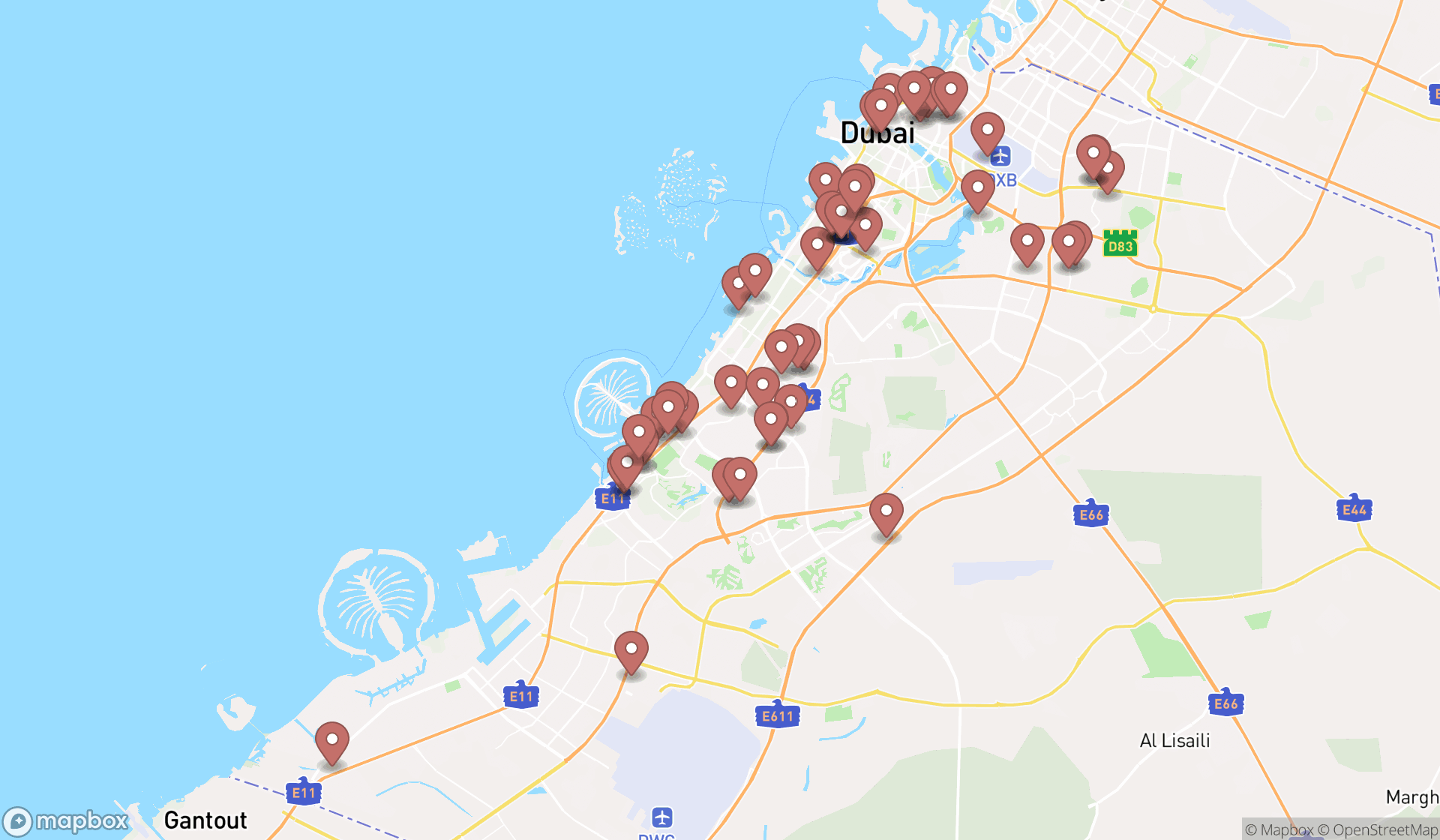 Map showing the search results in Dubai