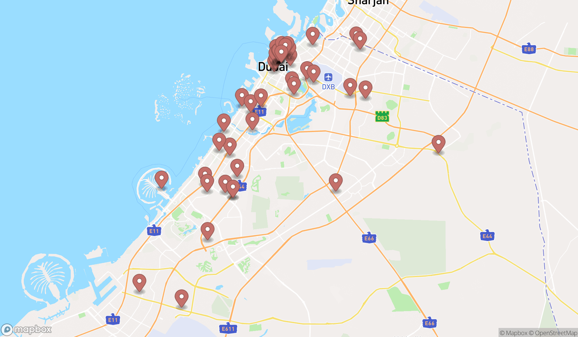 Map showing the search results in Dubai