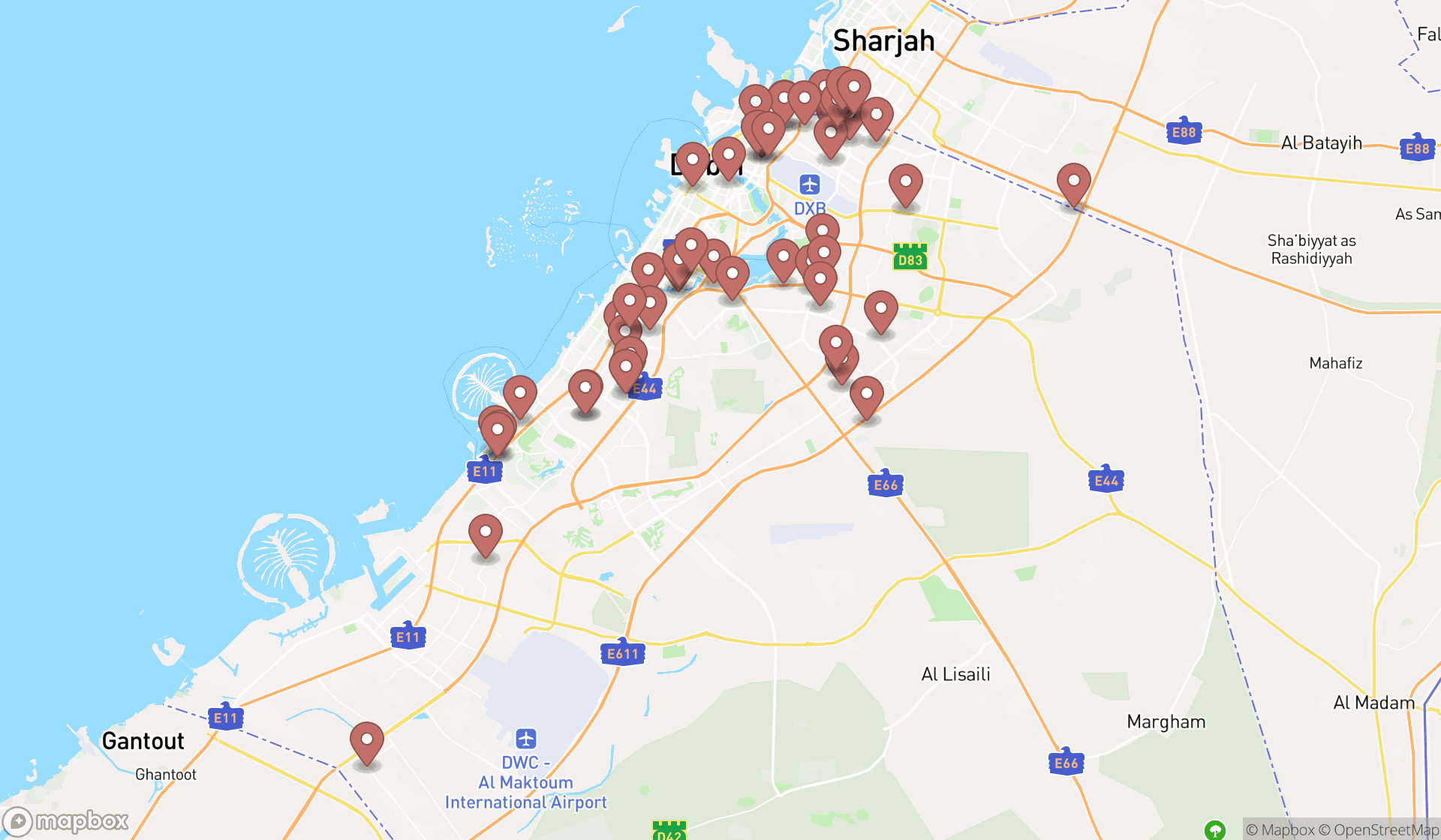 Map showing the search results in Dubai