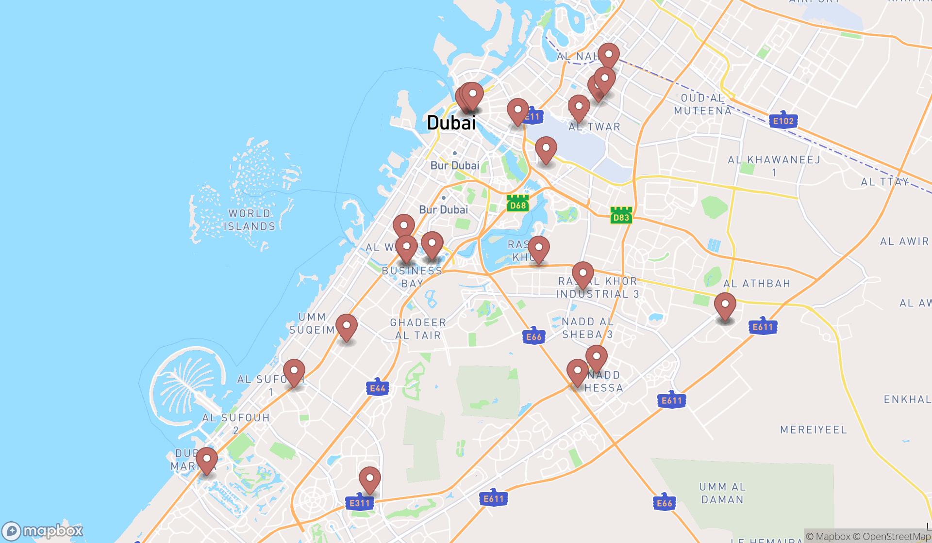 Map showing the search results in Dubai