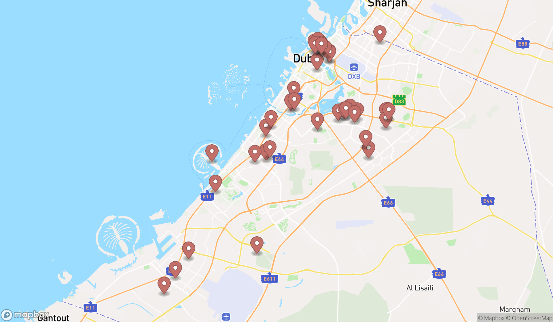 Map showing the search results in Dubai