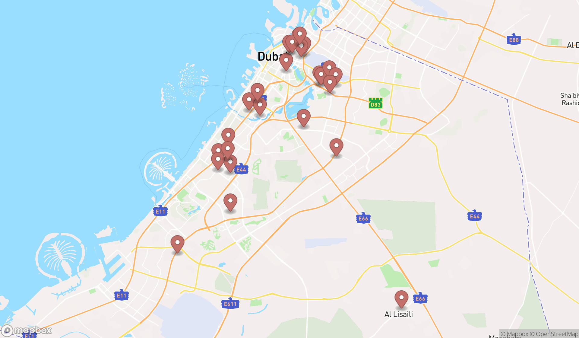 Map showing the search results in Dubai