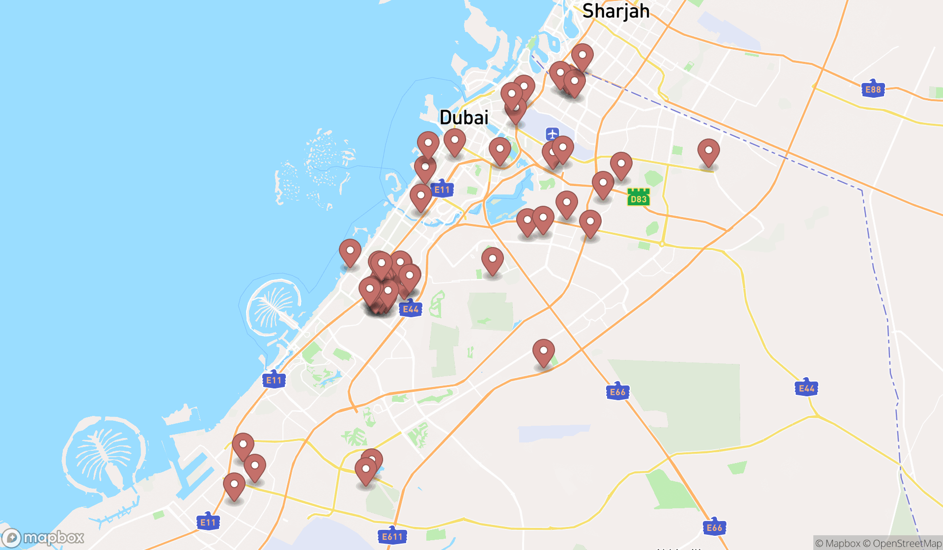 Map showing the search results in Dubai