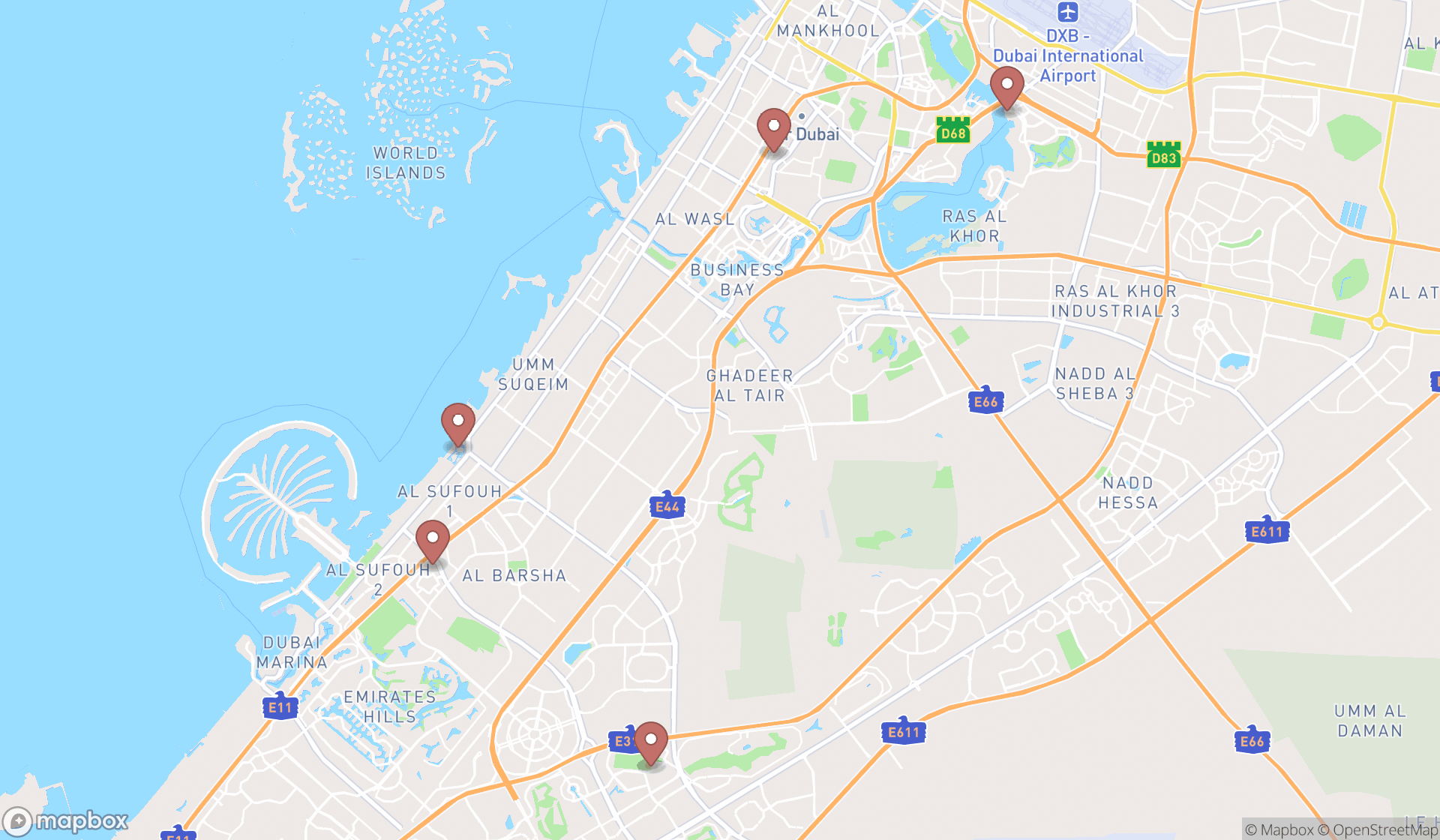 Map showing the search results in Dubai