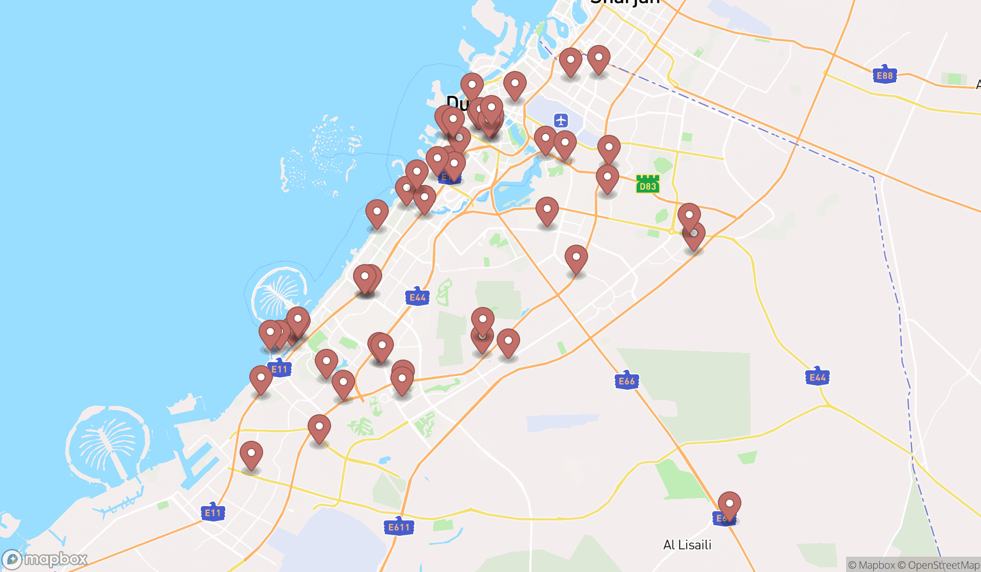 Map showing the search results in Dubai