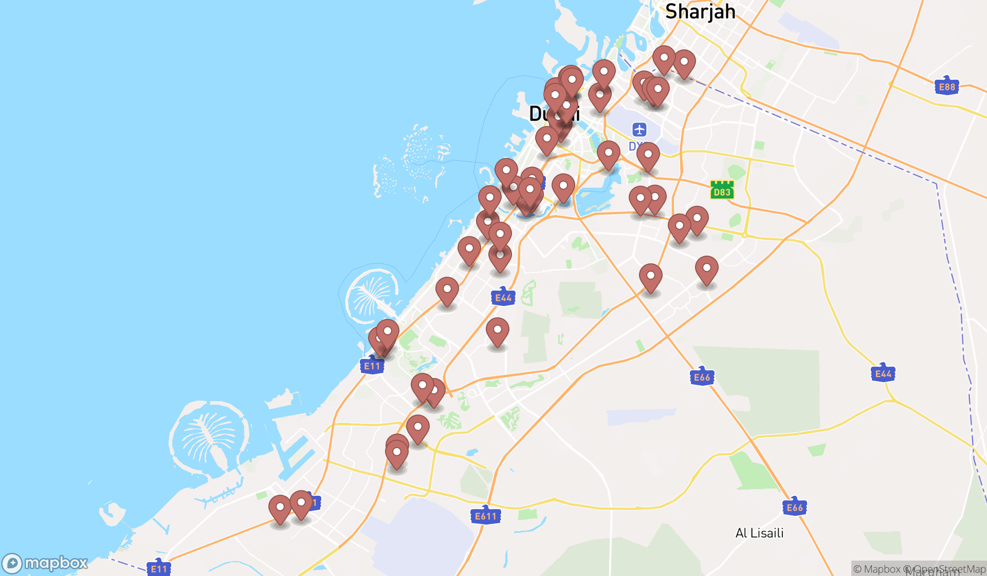 Map showing the search results in Dubai