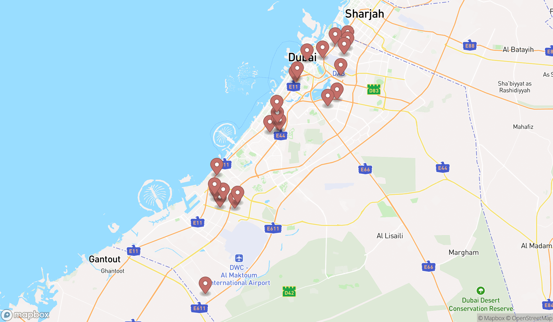 Map showing the search results in Dubai
