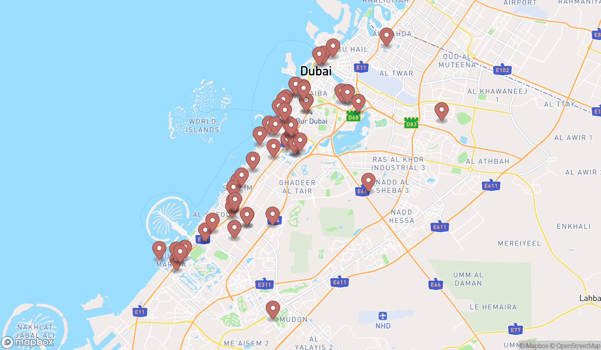 Map showing the search results in Dubai