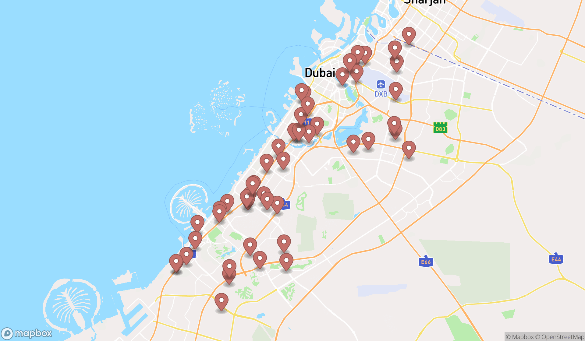 Map showing the search results in Dubai