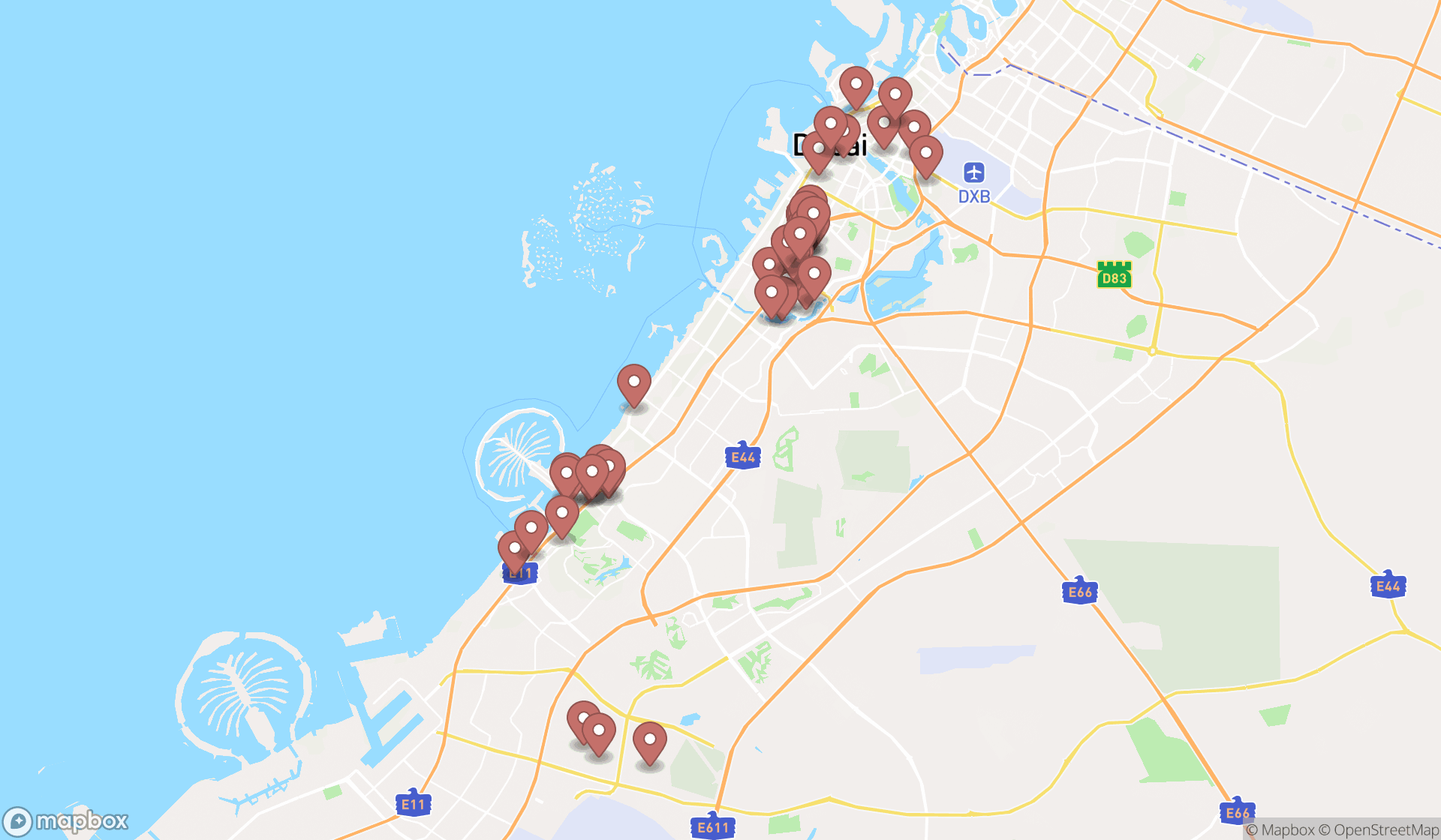 Map showing the search results in Dubai
