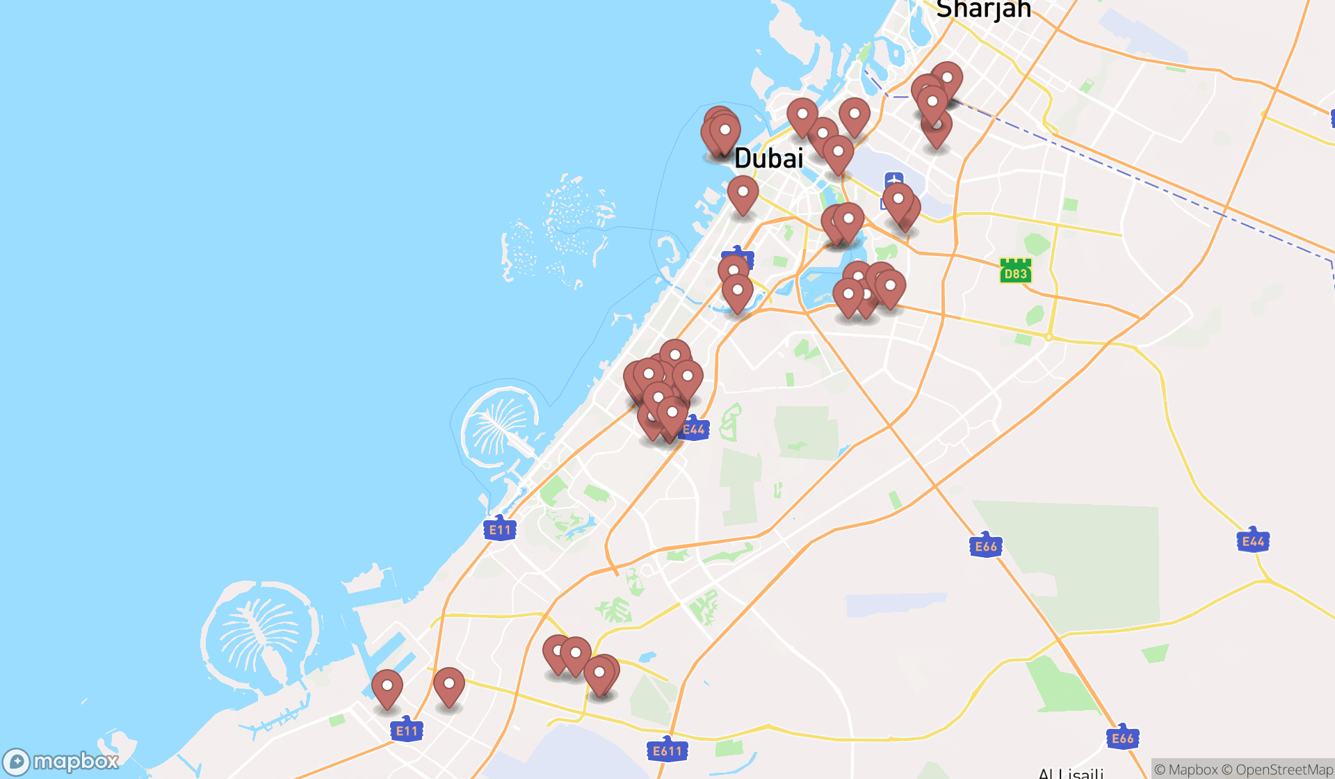 Map showing the search results in Dubai