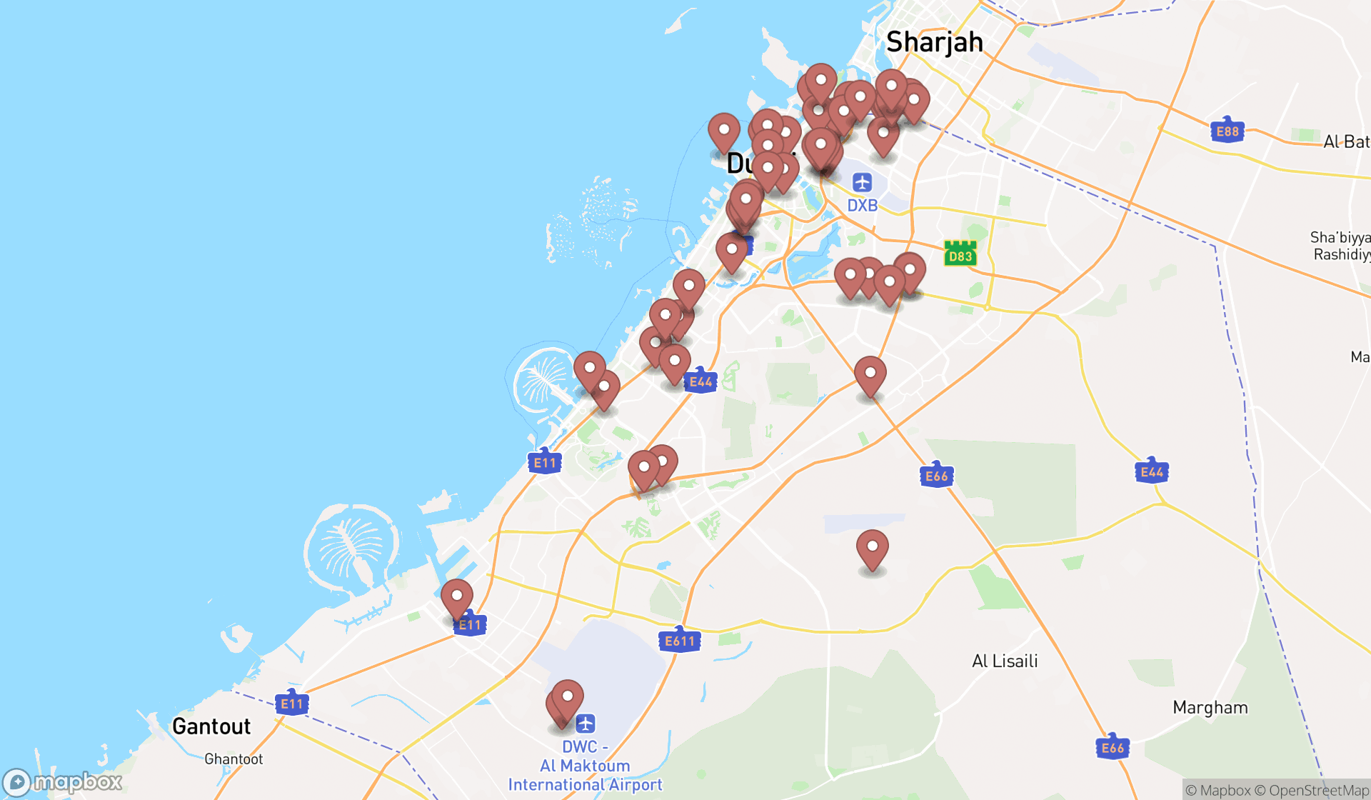 Map showing the search results in Dubai