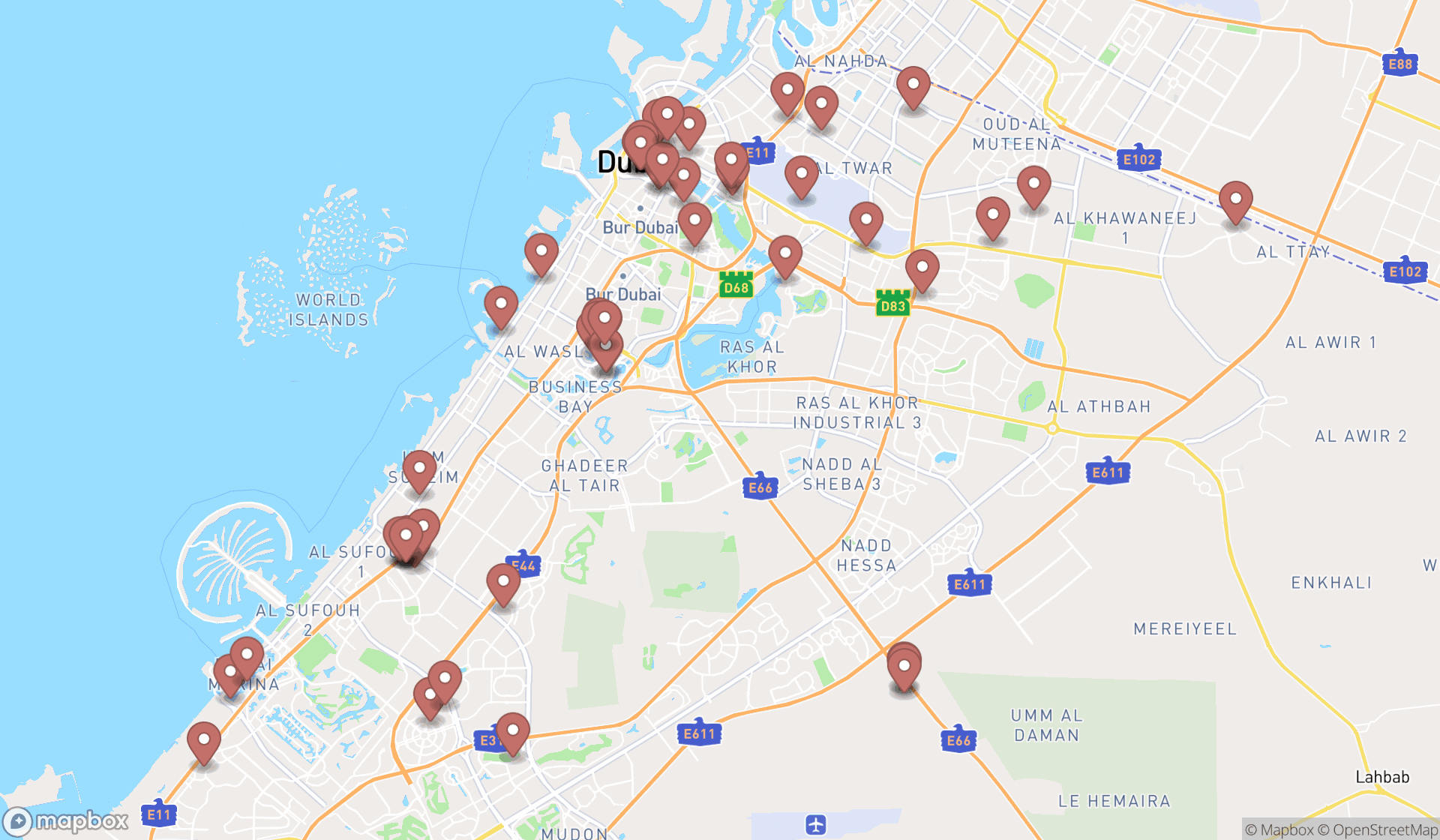 Map showing the search results in Dubai