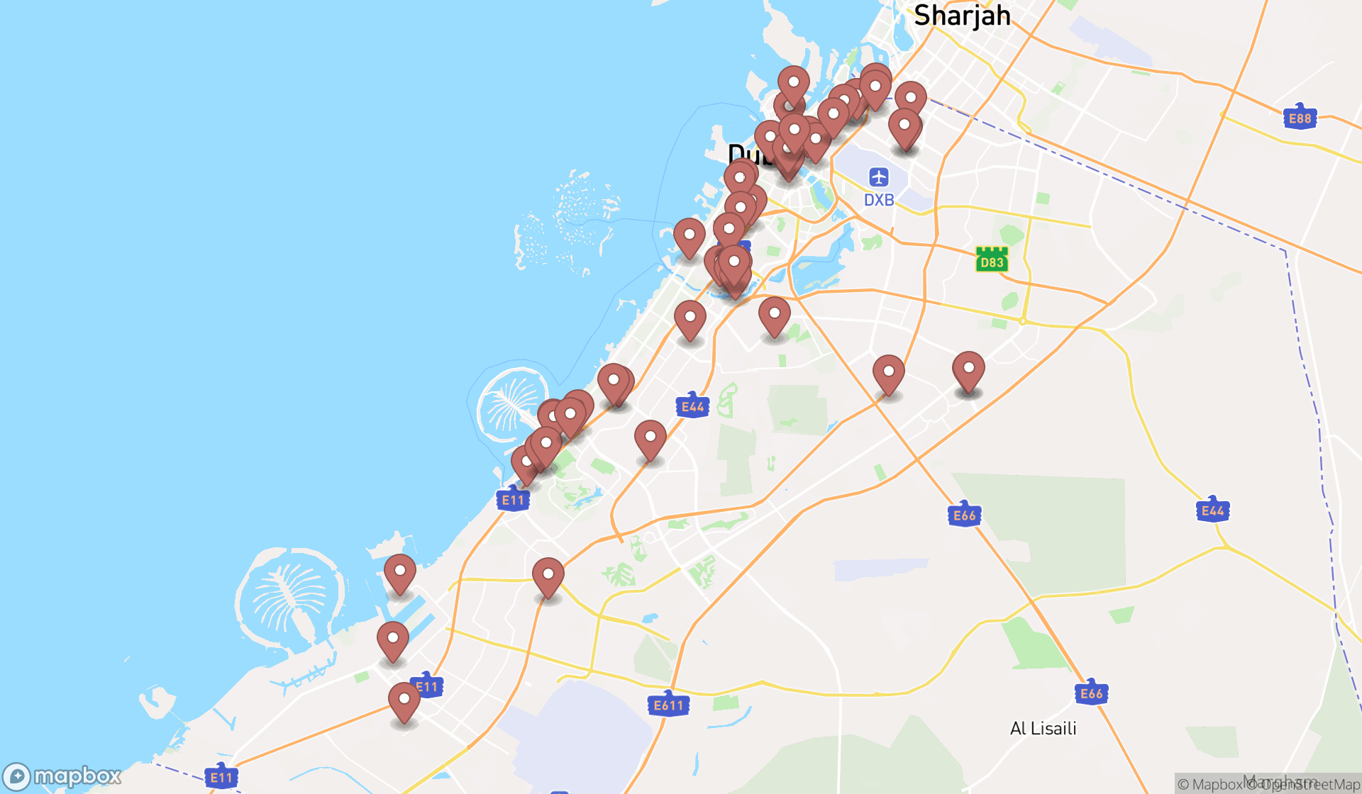 Map showing the search results in Dubai