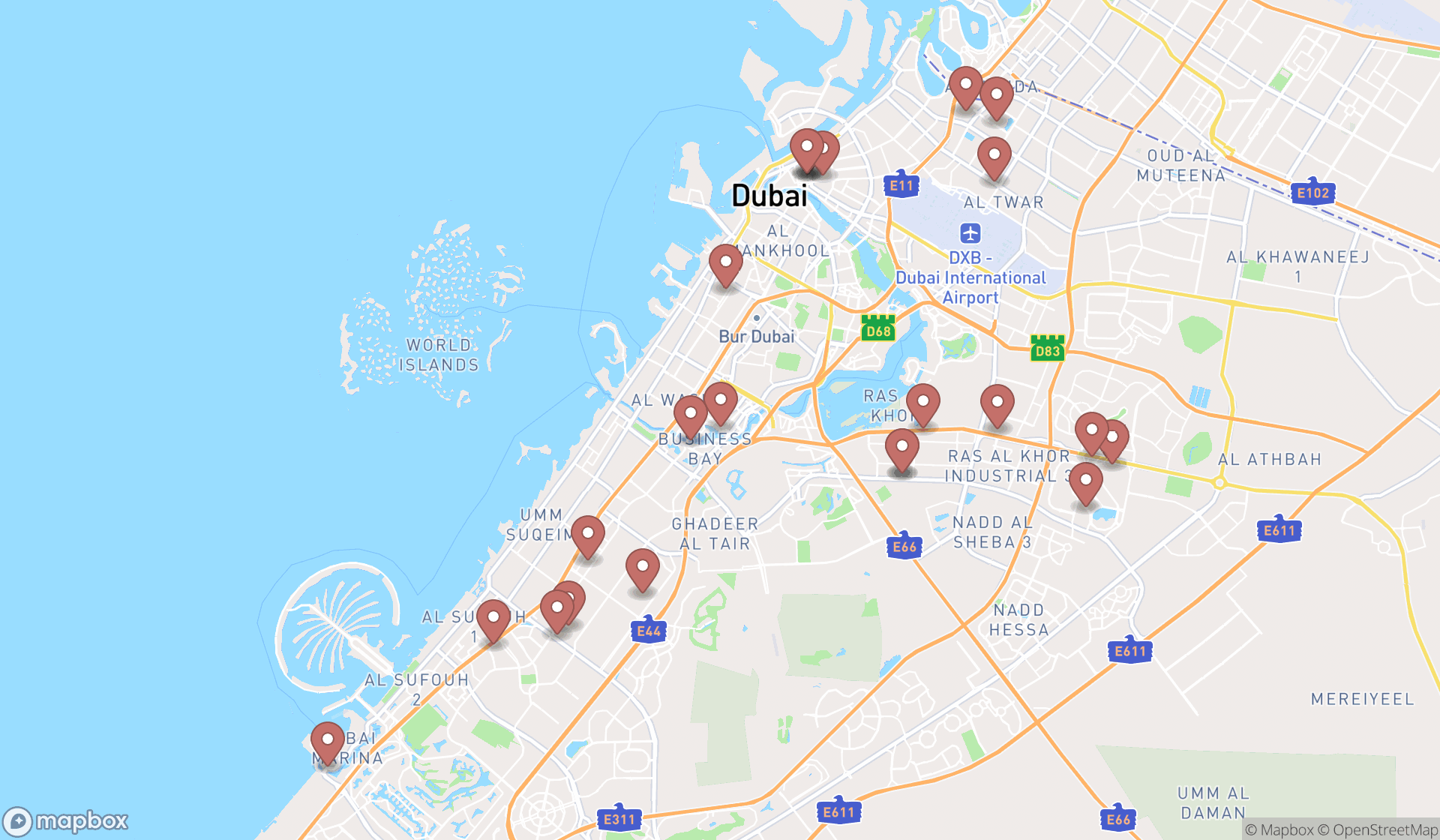 Map showing the search results in Dubai