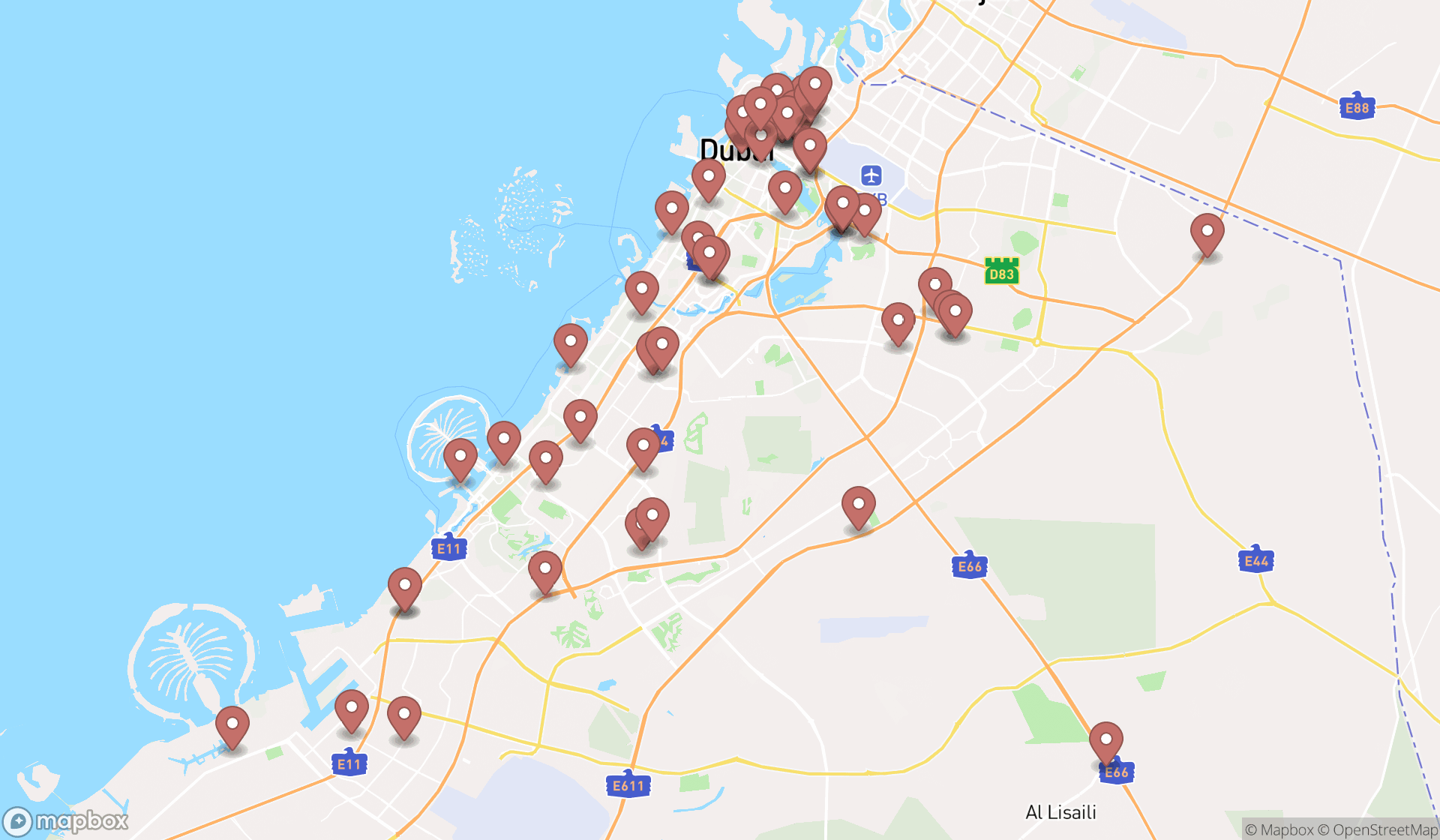Map showing the search results in Dubai