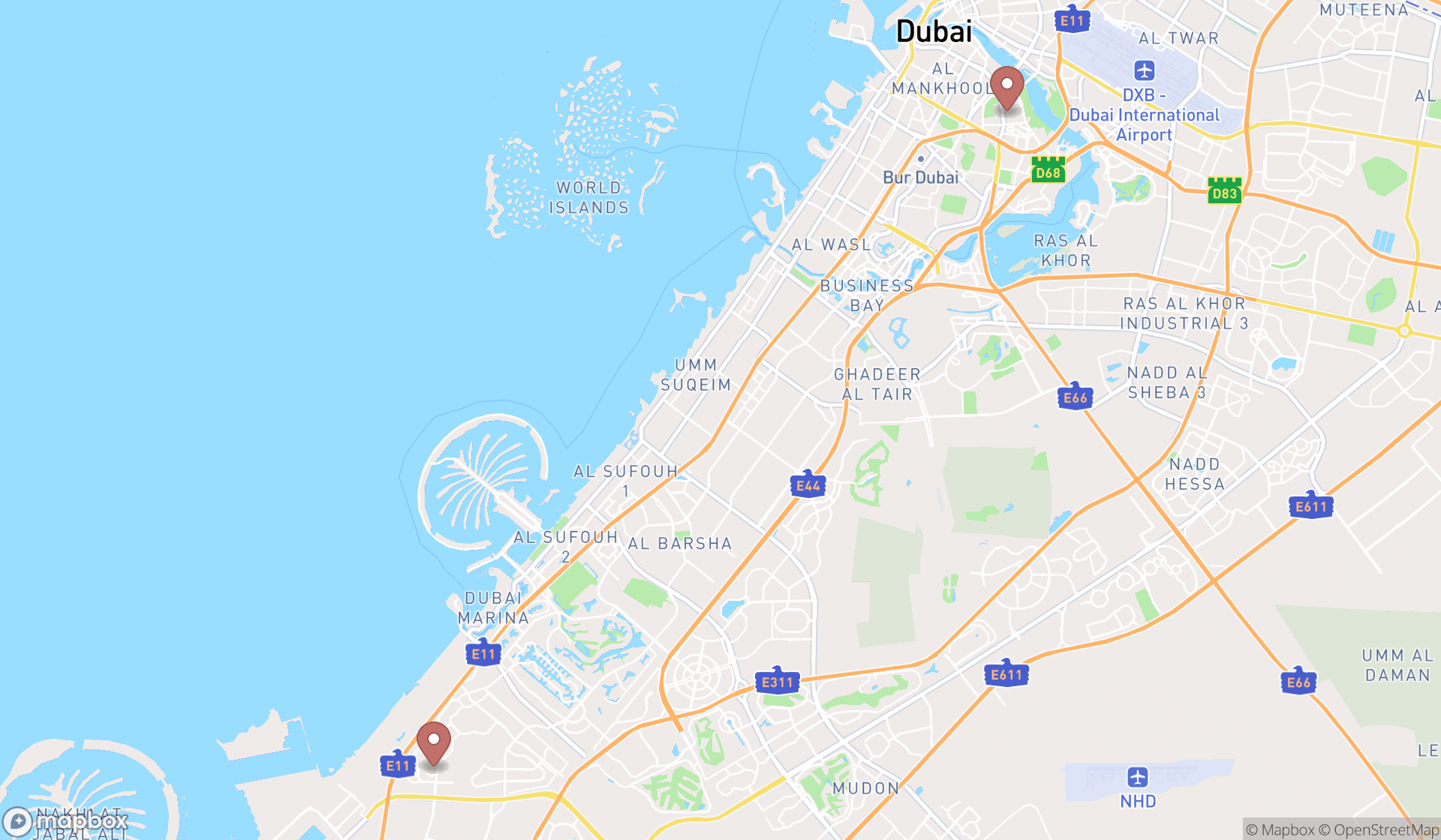 Map showing the search results in Dubai