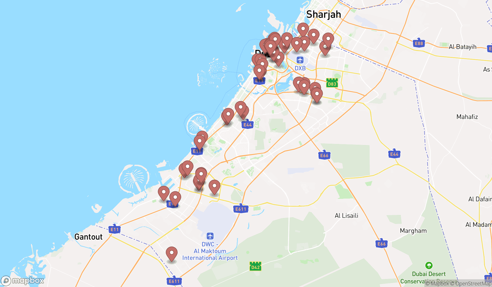 Map showing the search results in Dubai
