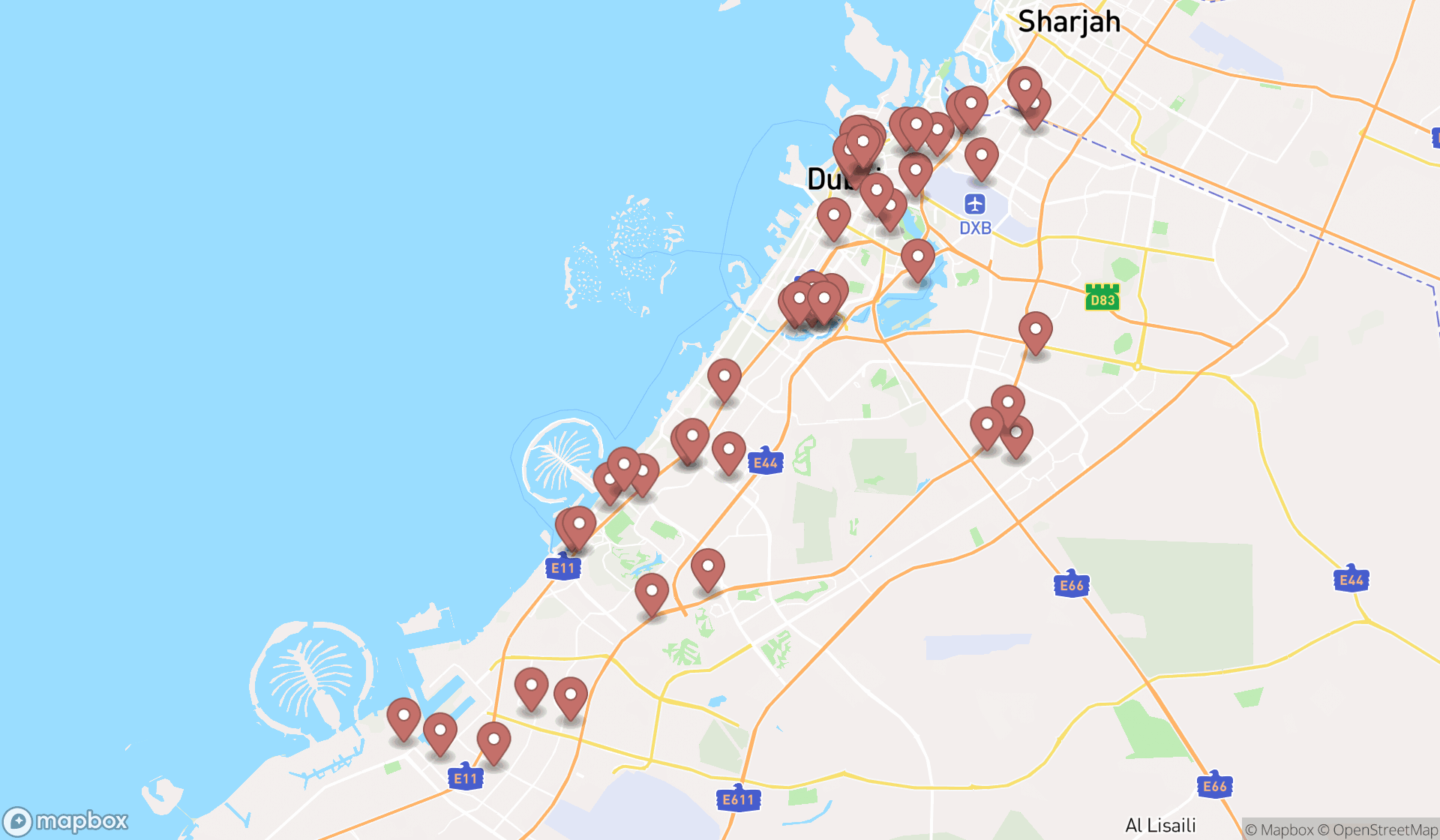 Map showing the search results in Dubai