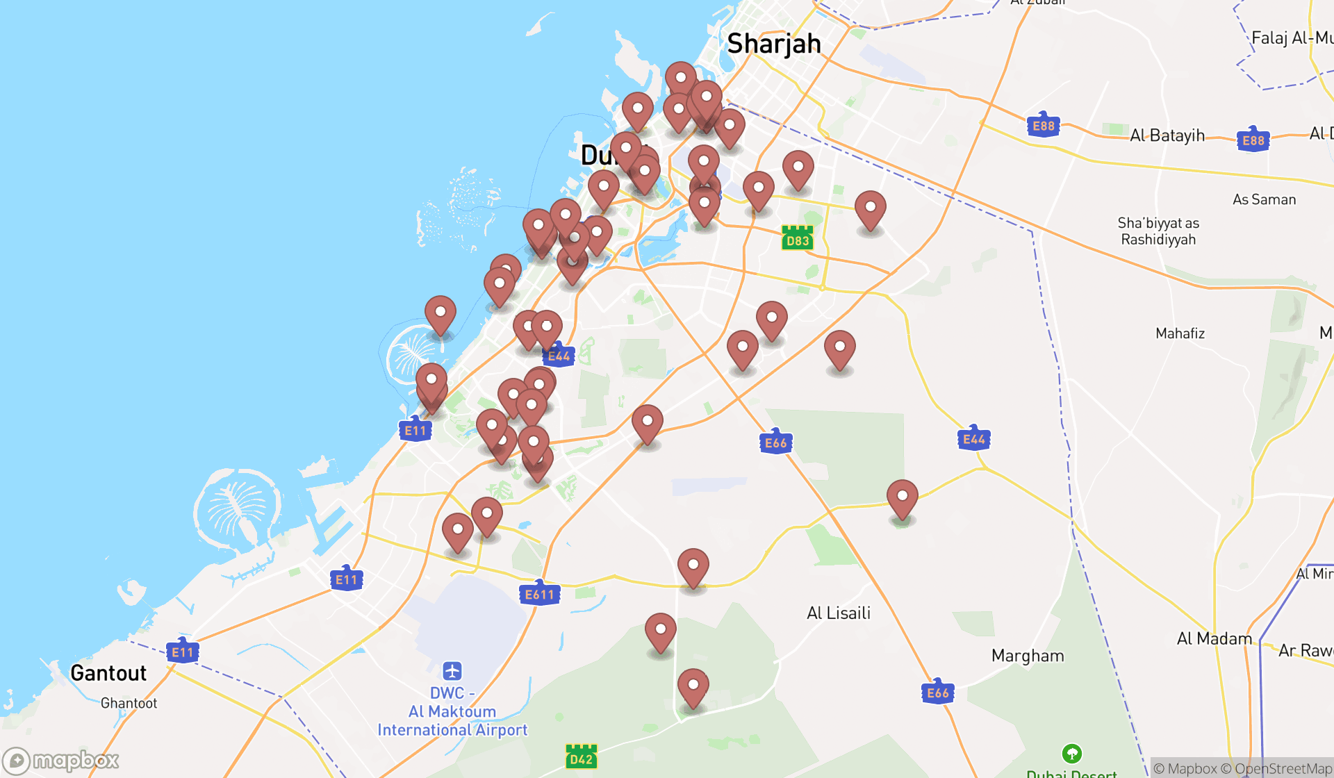 Map showing the search results in Dubai