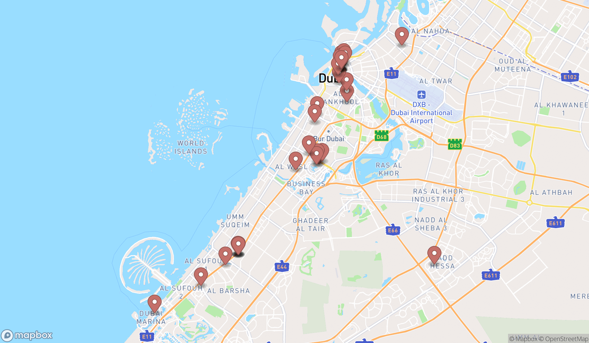 Map showing the search results in Dubai