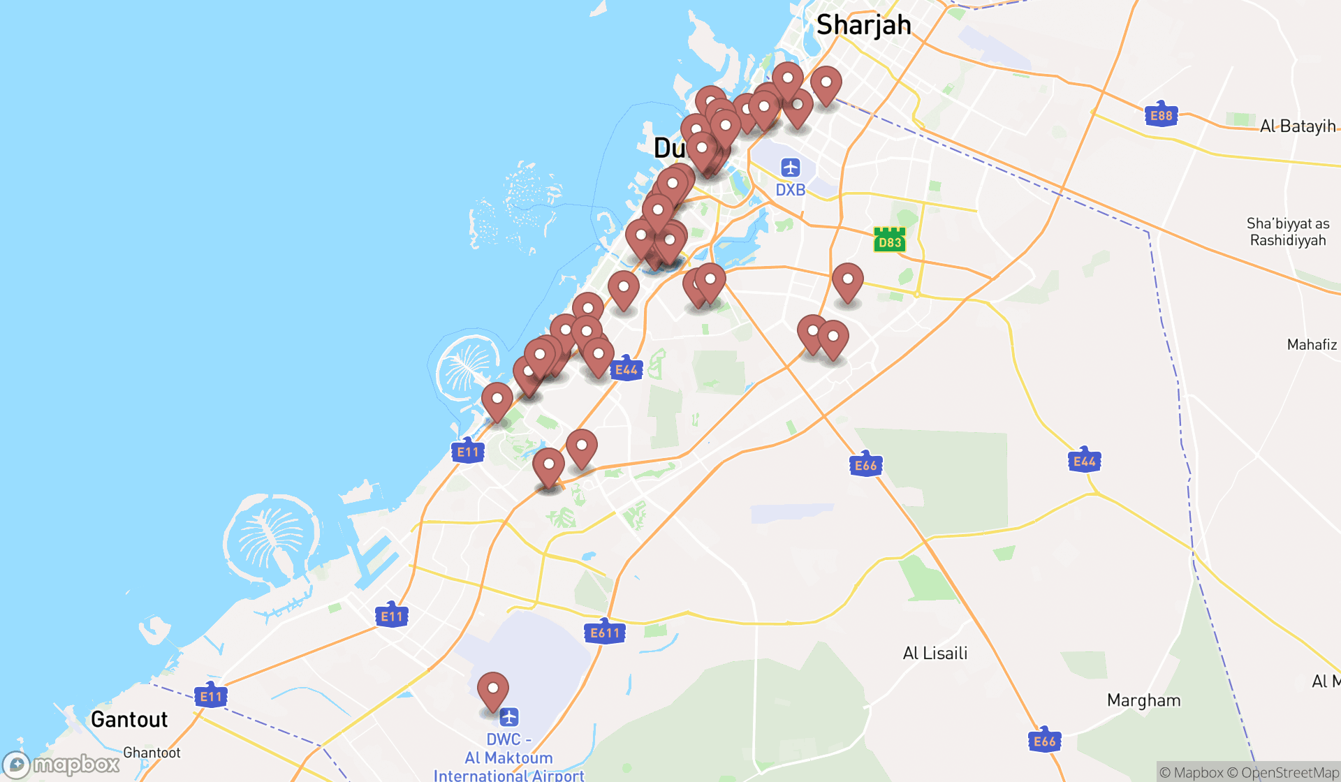 Map showing the search results in Dubai