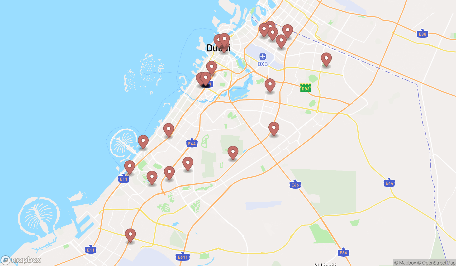 Map showing the search results in Dubai