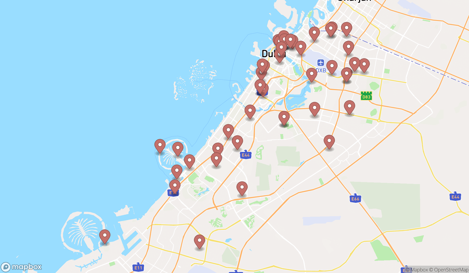 Map showing the search results in Dubai