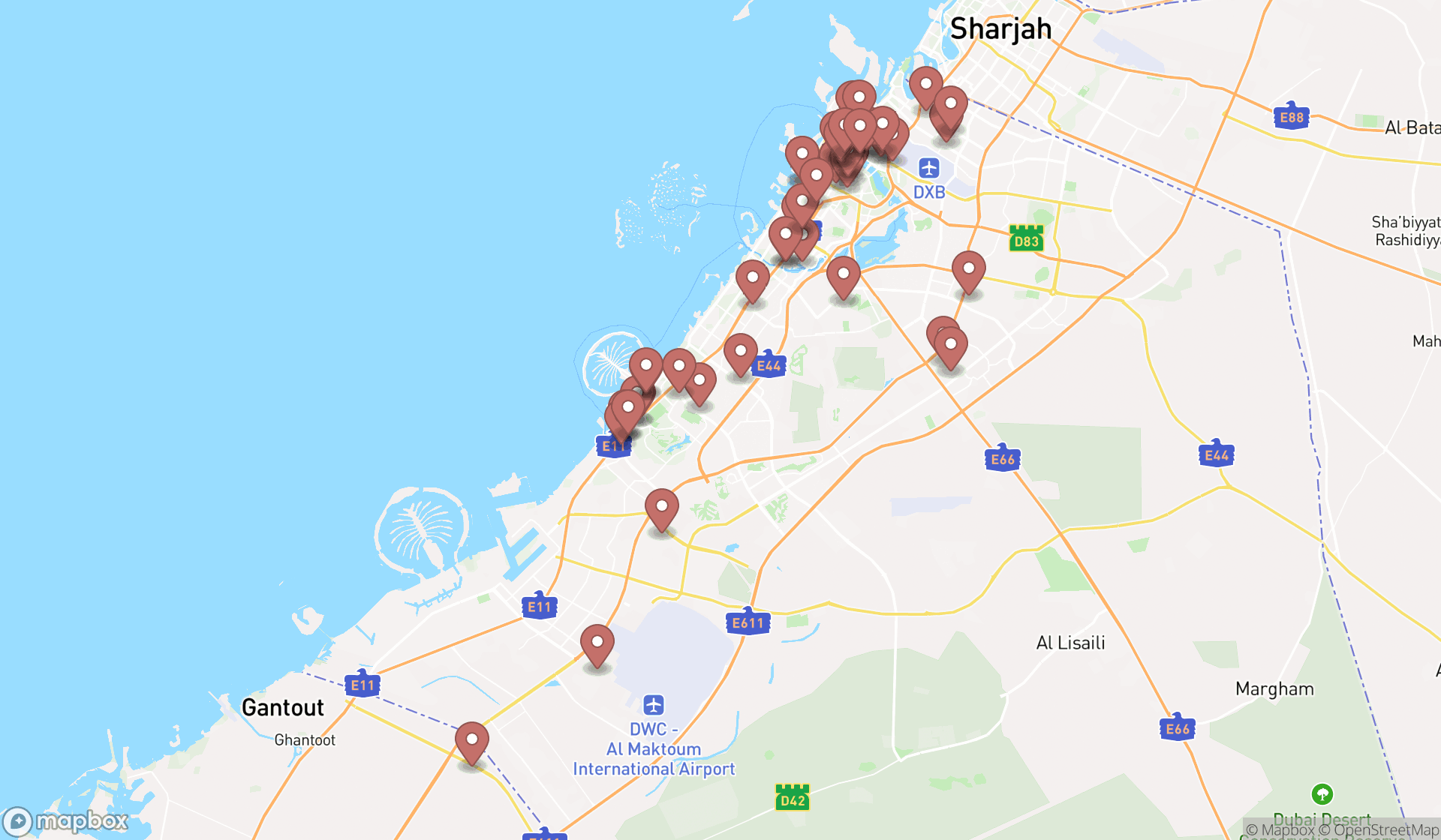 Map showing the search results in Dubai