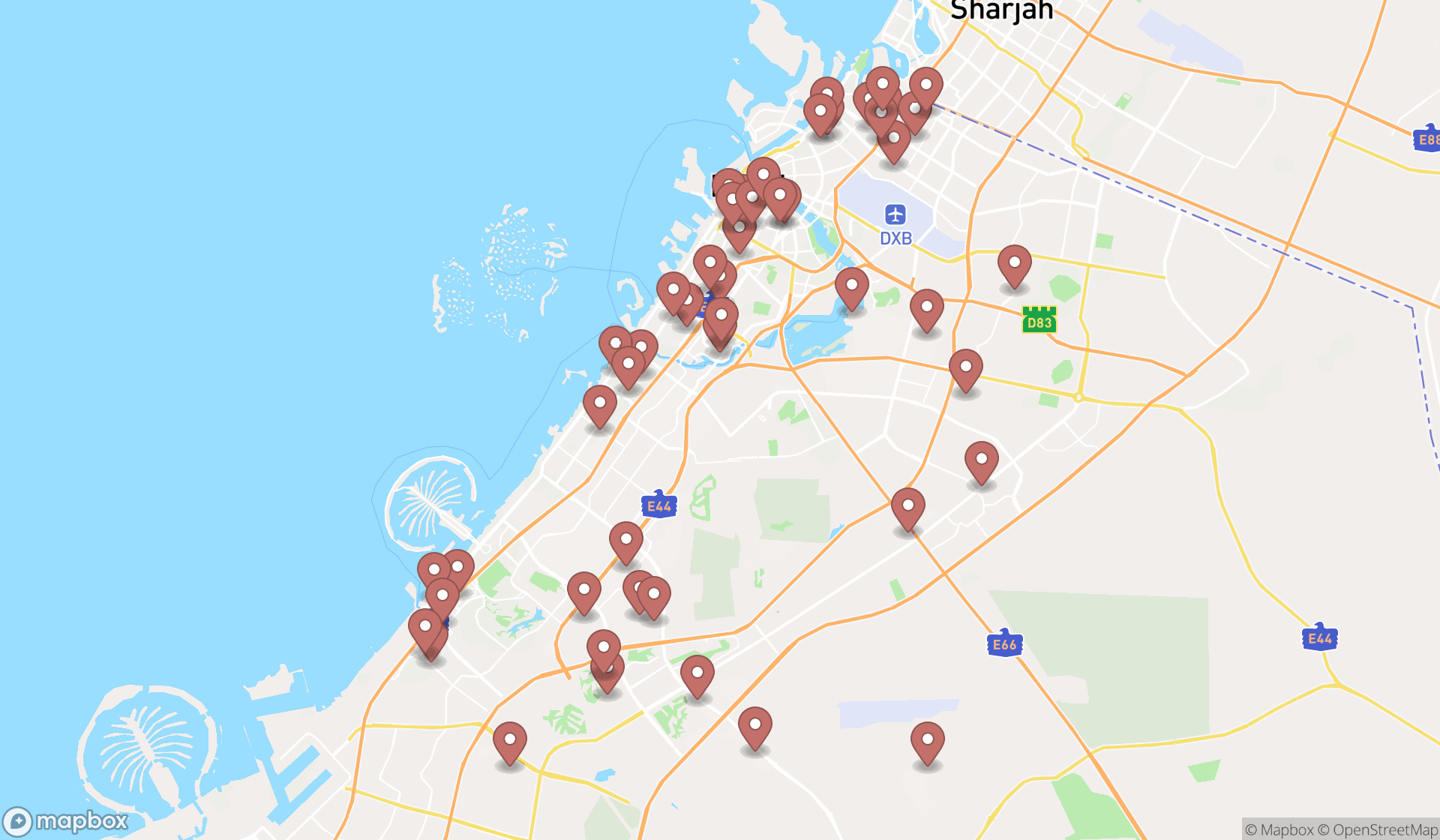 Map showing the search results in Dubai