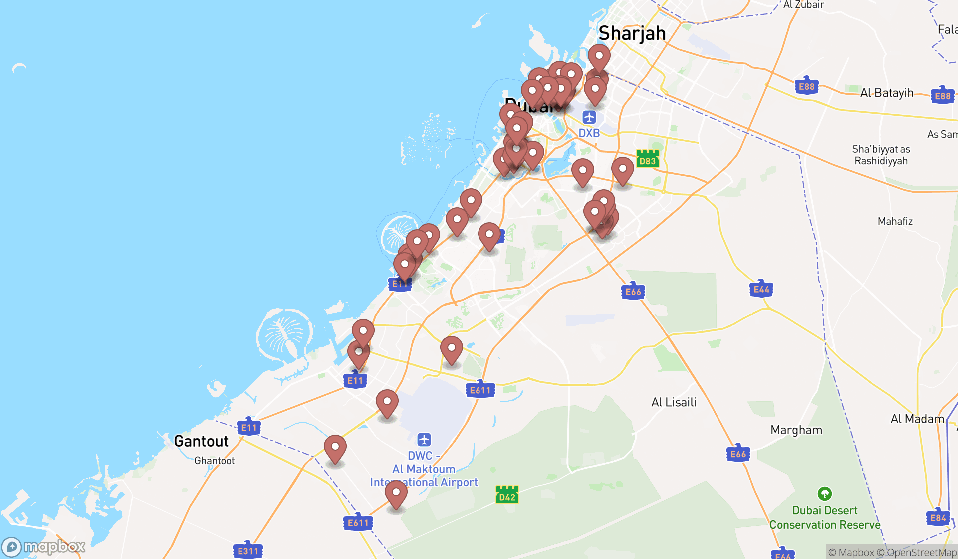 Map showing the search results in Dubai