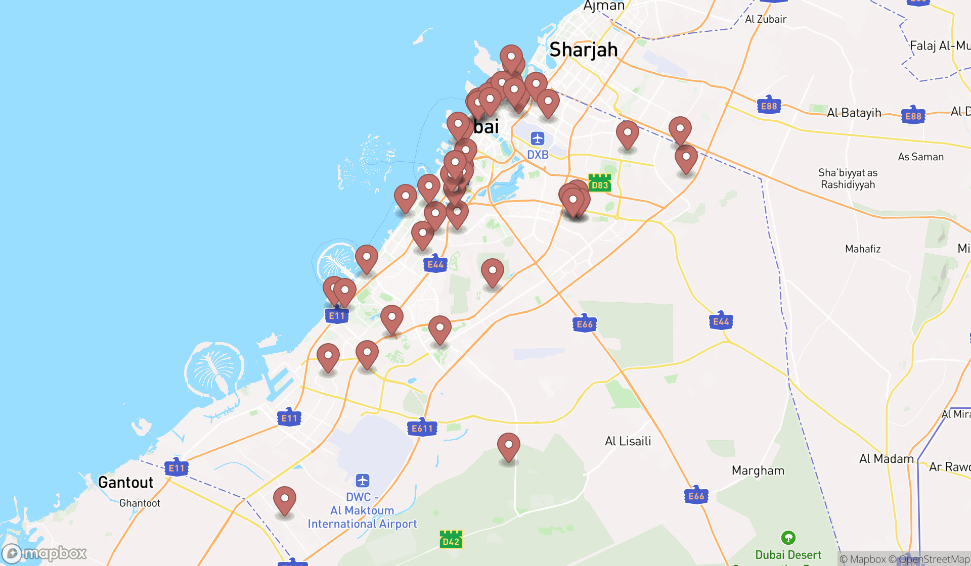 Map showing the search results in Dubai