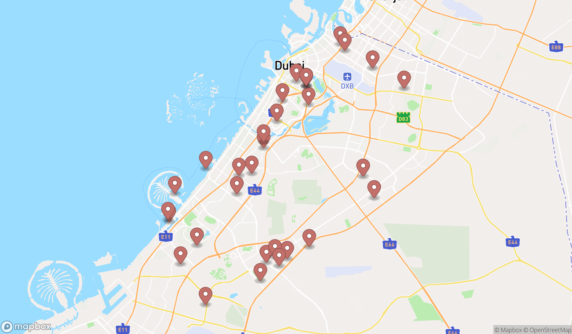 Map showing the search results in Dubai