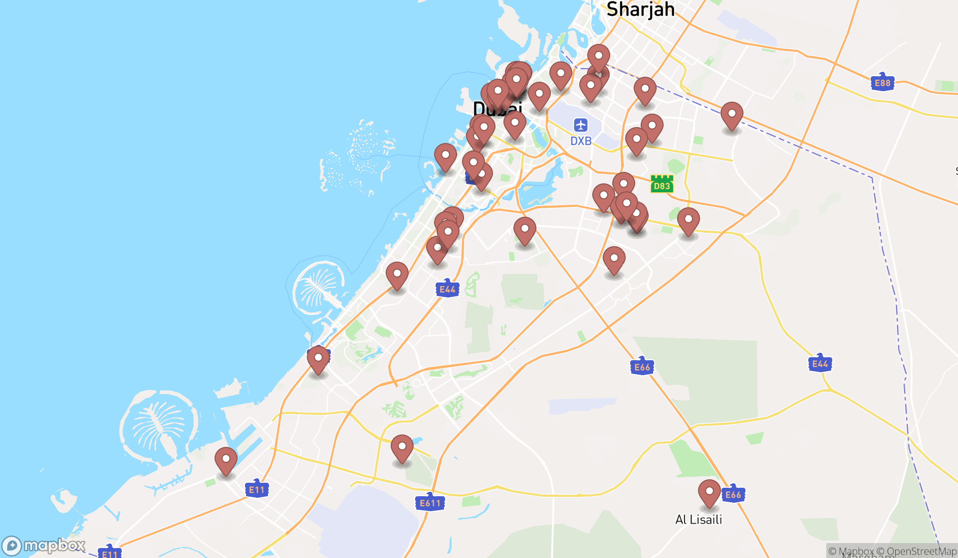 Map showing the search results in Dubai