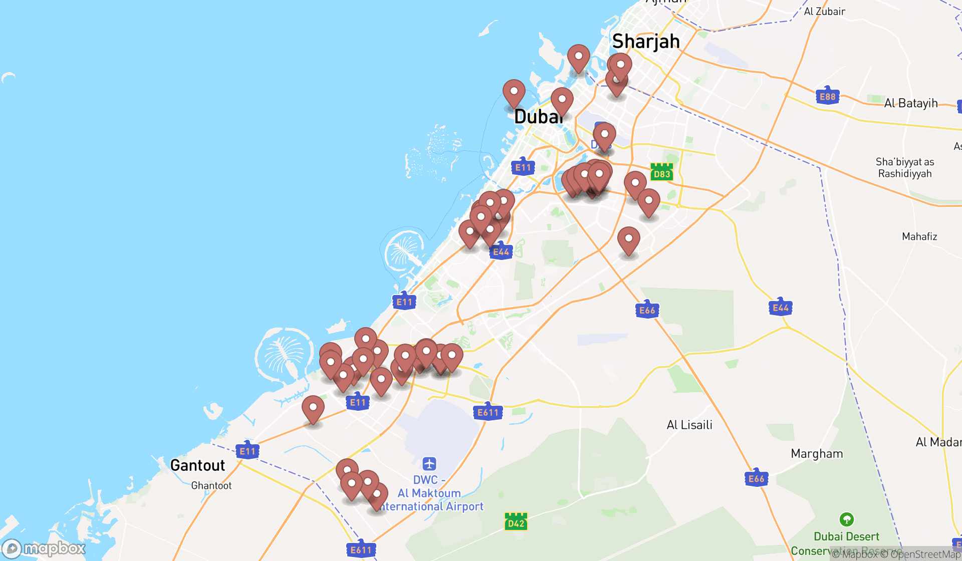 Map showing the search results in Dubai