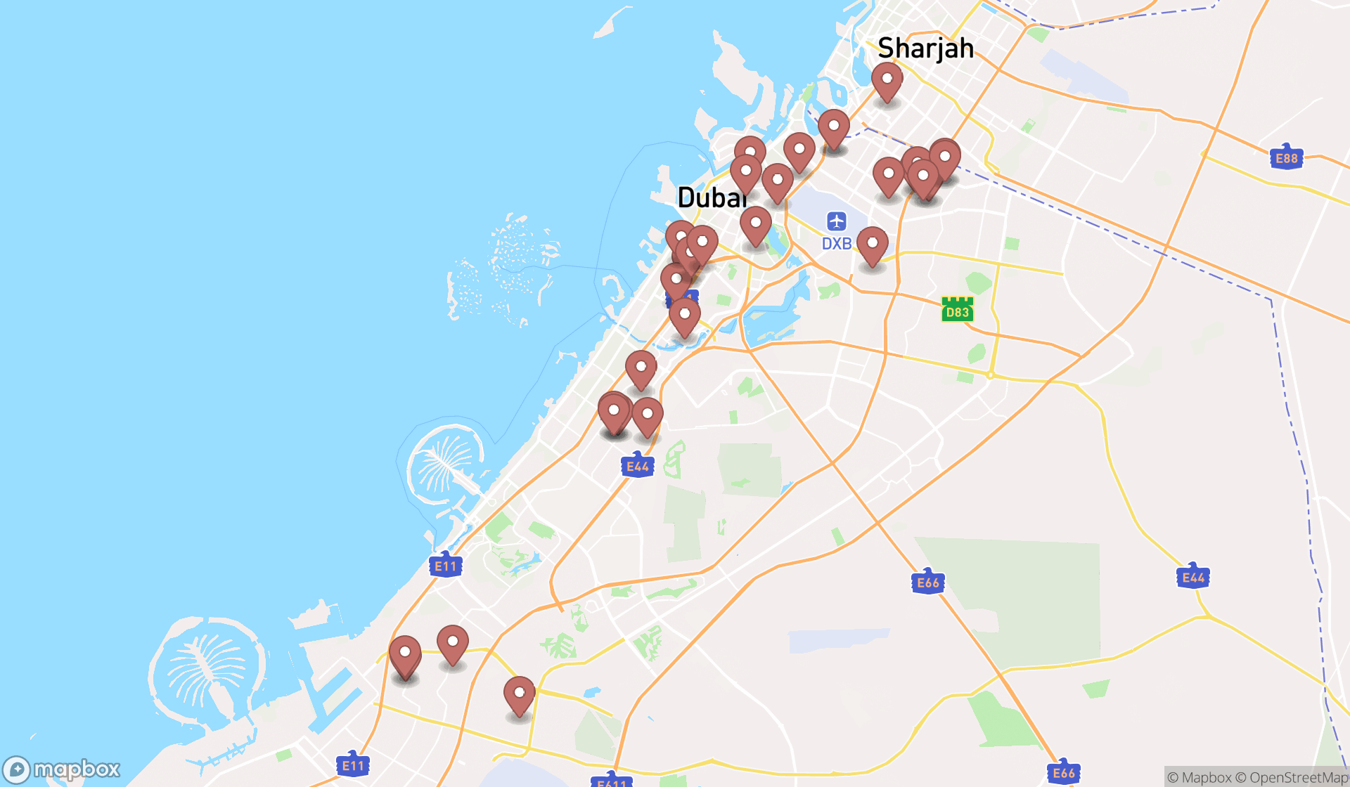 Map showing the search results in Dubai